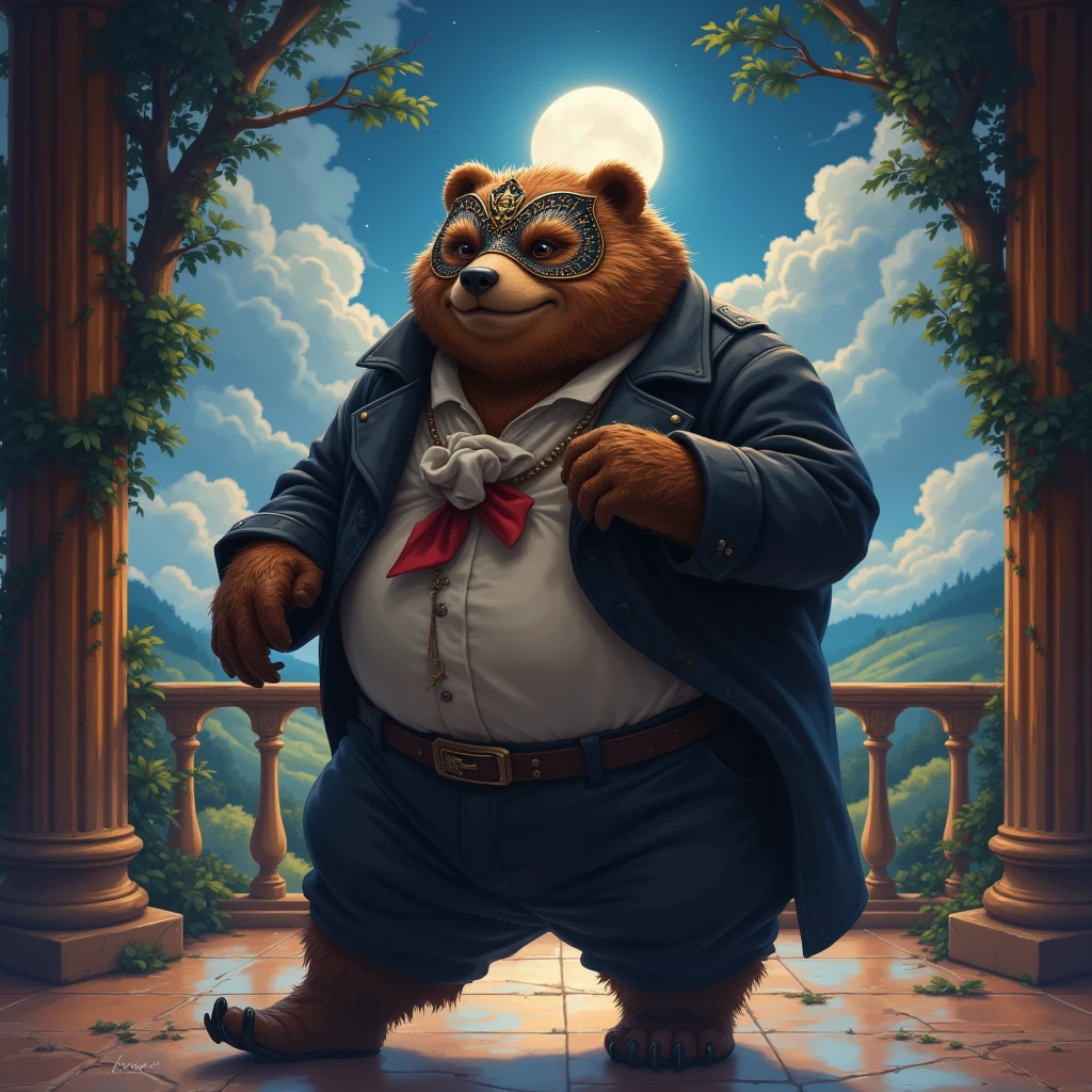 masquerade, a plump middle-aged bear man, light smile, flamboyant, pants, beautiful mask, tailcoat, dancing, detailed painting landscape, moonlit night, grand ballroom, indoor, BREAK full body in Michelangelo Buonarroti style, digital illustration anime, character focus, full body, looking away, dynamic angle, niji6, BREAK complete anatomy, perfect proportions, beautiful thigh gap, fluffy body, intricate fur details, beautiful fur texture, BREAK detailed bear tail, detailed boots, beautiful foot, detailed hands, 5fingers, 5fingers nails, BREAK aesthetic anime face, insanity detailed face, male face, big face, square jawline, aesthetic anime eyes, detailed brown eyes, detailed brown cornea, detailed dark brown irises, detailed pupils, male eyes, big eyes, male eyebrows, innocent look, beautiful beard, BREAK masterpiece, official art, best quality, very aesthetic, absurdres, super fine illustration, great quality, BREAK noise reduction, very highres, large filesize, high quality, 32K, 8k wallpaper, dynamic lighting, BREAK insanity detailed, ultra detailed, intricate details, extremely detailed, detailed texture, an extremely delicate and beautiful, full color, HDR, BREAK e621 uncut Fur Affinity illustration, osukemo, kemohomo, anthropomorphic, furry, cartoon, harmonious eyes, pastoral face, virtuous body, epic atmosphere