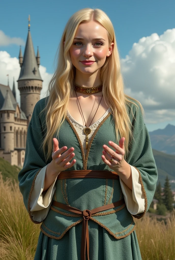 masterpiece photo of a blond-haired full-length woman with green eyes dressed as mage actively says something while gesticulating, a cheerful facial expression, interesting dynamic pose, against the background of college of magic, a rich blue sky with clouds, a lot of vegetation, bright colors, intricate bizarre color combinations