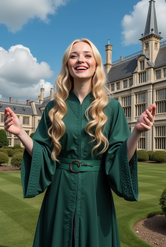 masterpiece photo of a blond-haired full-length woman with green eyes dressed as mage actively says something while gesticulating, a cheerful facial expression, interesting dynamic pose, against the background of college of magic, a rich blue sky with clouds, a lot of vegetation, bright colors, intricate bizarre color combinations