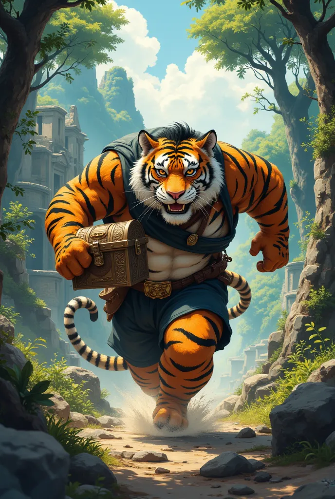 treasure hunter, a plump middle-aged tiger man, full body in michelangelo buonarroti style, digital illustration anime, characte...