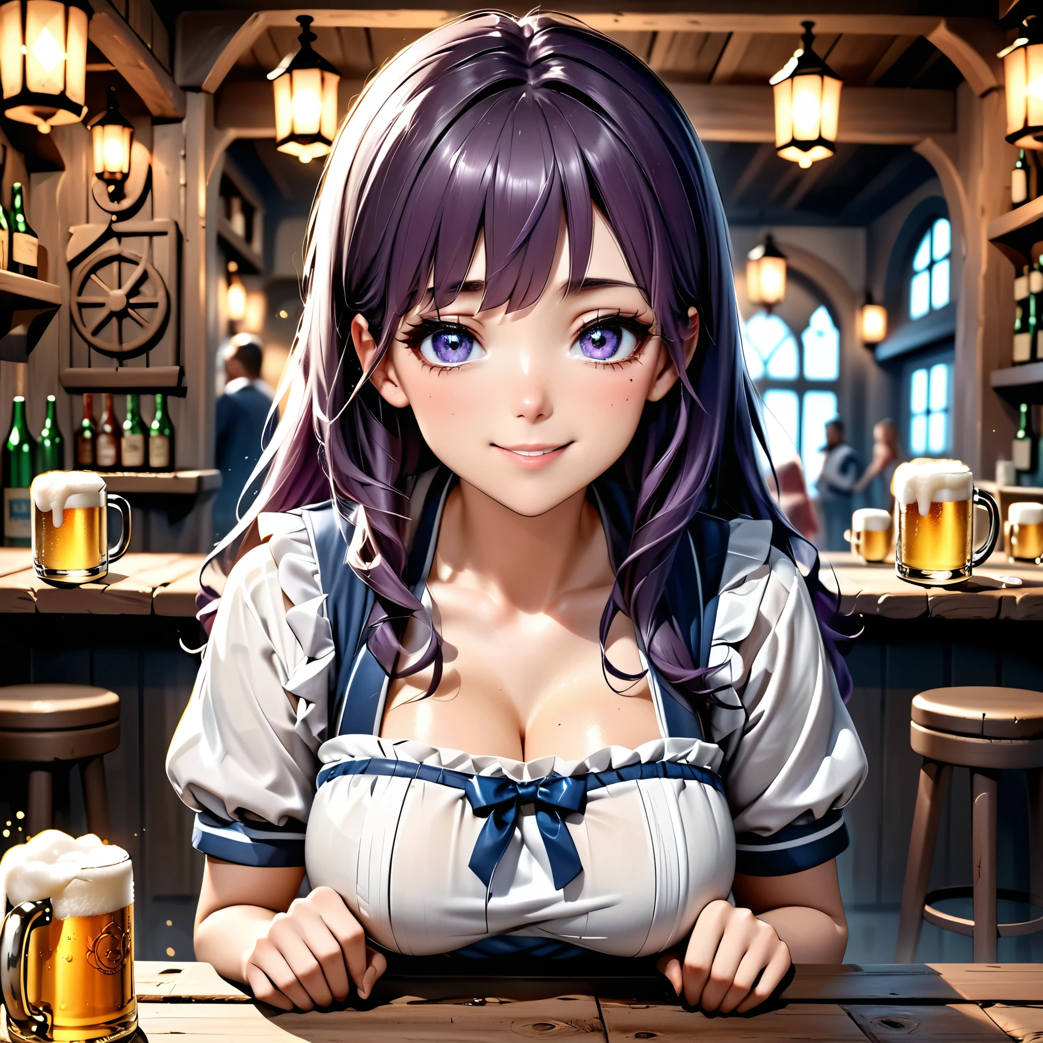 Masterpiece, 4k, HDR, full HD, (best quality), (ultra detailed), (only), (extremely delicate and beautiful fabric), super complex ANIME TYPE, best quality, 1girl, very expressive eyes, deep purple hair , hyper beautiful face, purple hair, perfect anatomy, shiny, oily skin, full body, alone (shiny purple hair, long hair), looking at viewer, bright blue eyes, perfect hands, perfect legs, super detailed clothes, intricate clothes, In a bustling RPG world, a tavern girl runs her inn with skill and charisma. SHe wears an apron over hER tight-fitting, rustic clothing as She serves mugs of frothy beer to adventurers relaxing after long days. Her hair tied up with a bow and her warm smile create a welcoming atmosphere in which stories flow like liquor. The lights of the oil lamps flicker on the wooden tables as she moves nimbly among the customers, listening to rumors and stories of heroes and dangers. Although she seems simple, her eyes reflect the wisdom of someone who has heard hundreds of secrets and legends.