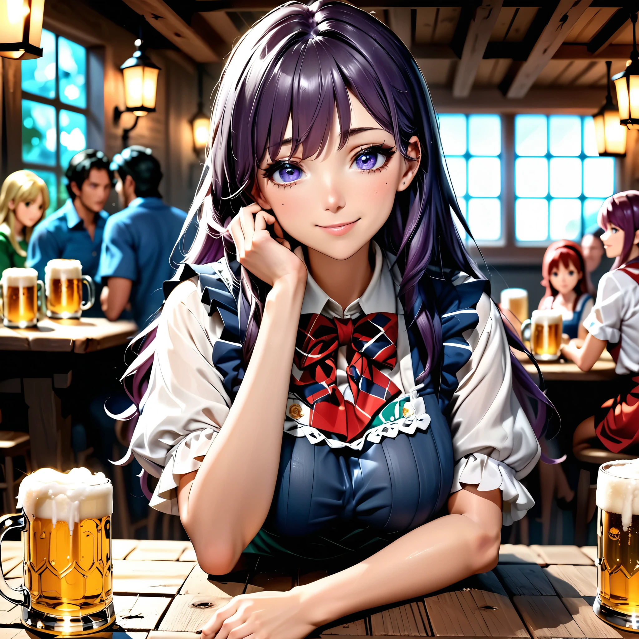 Masterpiece, 4k, HDR, full HD, (best quality), (ultra detailed), (only), (extremely delicate and beautiful fabric), super complex ANIME TYPE, best quality, 1girl, very expressive eyes, deep purple hair , hyper beautiful face, purple hair, perfect anatomy, shiny, oily skin, full body, alone (shiny purple hair, long hair), looking at viewer, bright blue eyes, perfect hands, perfect legs, super detailed clothes, intricate clothes, In a bustling RPG world, a tavern girl runs her inn with skill and charisma. SHe wears an apron over hER tight-fitting, rustic clothing as She serves mugs of frothy beer to adventurers relaxing after long days. Her hair tied up with a bow and her warm smile create a welcoming atmosphere in which stories flow like liquor. The lights of the oil lamps flicker on the wooden tables as she moves nimbly among the customers, listening to rumors and stories of heroes and dangers. Although she seems simple, her eyes reflect the wisdom of someone who has heard hundreds of secrets and legends.