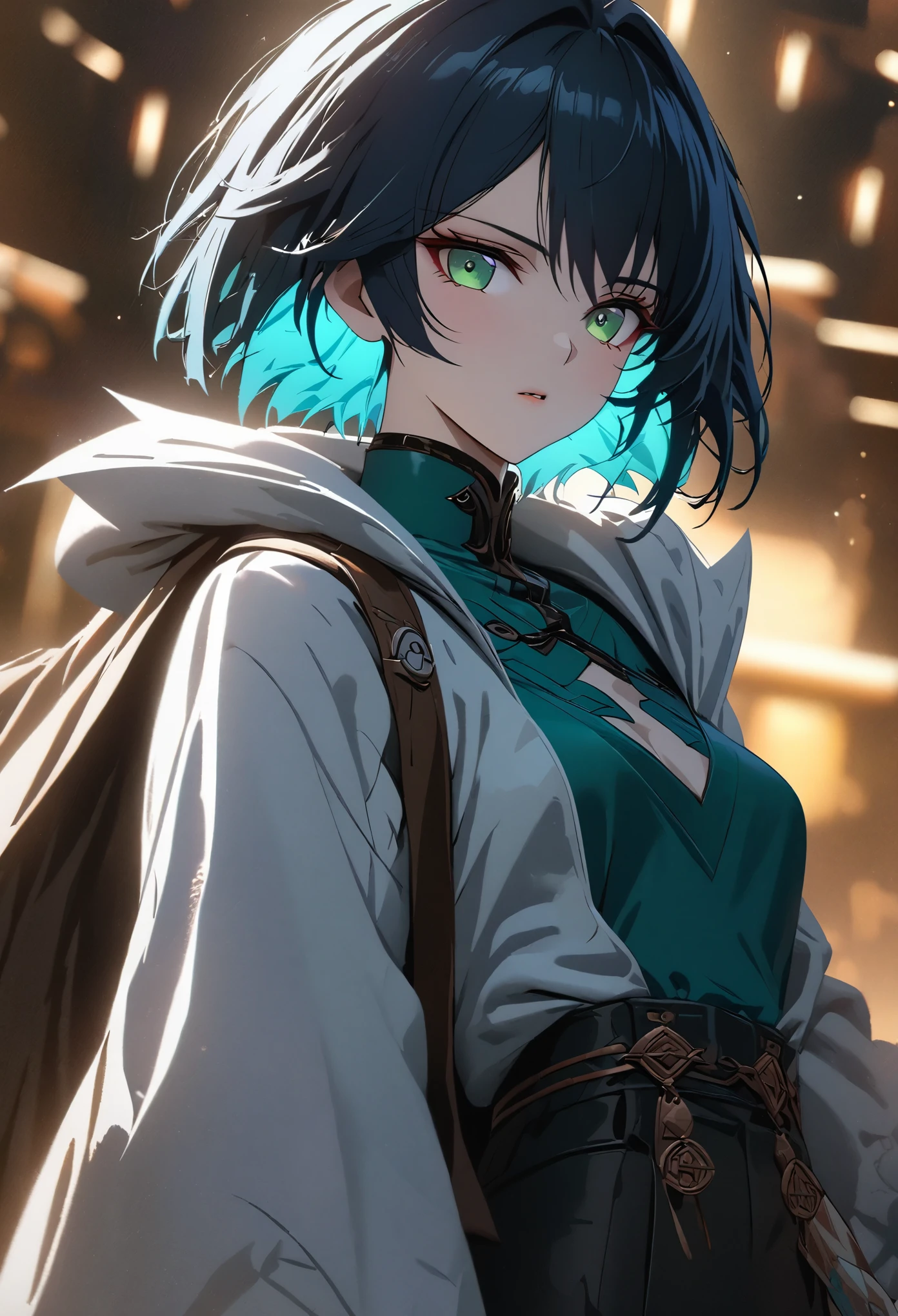 ((solo)), (woman), green eyes, ((fluorescent blue hair)), short hair, spiky straight hair, (young adult), tall, fit, very small breasts, a close up of a person, detailed key anime art, casimir art, masamune shiro, masamune, beautiful girl in demon slayer art, heise jinyao, shadowverse style, (no logos), black pants, blue shirt, black trenchcoat, shiny hair, depth of field, cinematic lighting, ray tracing, depth of field, cinematic lighting, ray tracing, UHD, high details, best quality, highres, high quality, award winning, super detail, masterpiece, 8k, UHD, high details, best quality, highres, high quality, award winning, super detail, masterpiece, 8k