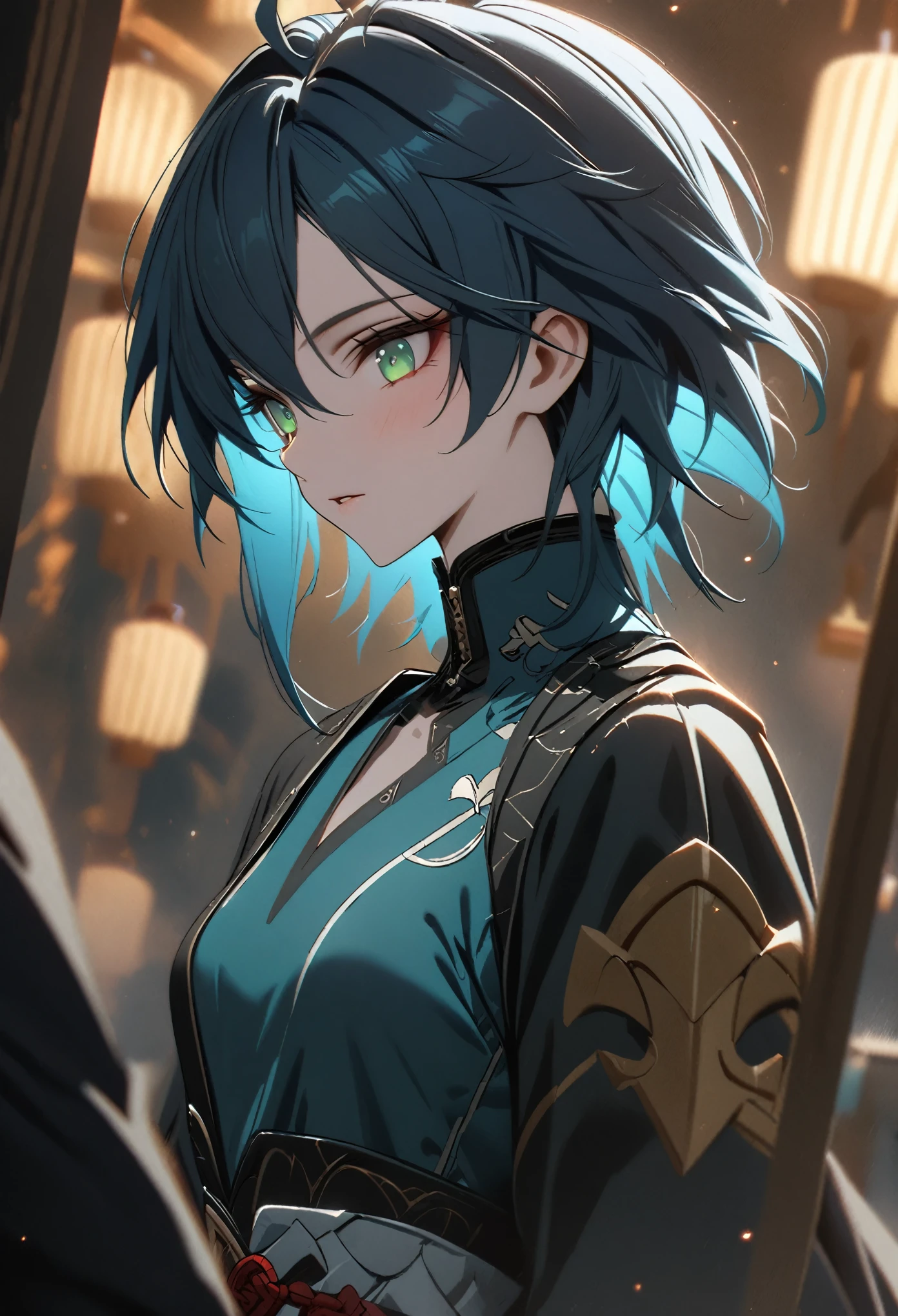 ((solo)), (androgynous woman), green eyes, ((fluorescent blue hair)), short hair, spiky straight hair, (young adult), tall, fit, very  small breasts, a close up of a person, detailed key anime art, casimir art, masamune shiro, masamune, beautiful girl in demon slayer art, heise jinyao, shadowverse style, (no logos), black pants, blue shirt, black trenchcoat, shiny hair, depth of field, cinematic lighting, ray tracing, depth of field, cinematic lighting, ray tracing, UHD, high details, best quality, highres, high quality, award winning, super detail, masterpiece, 8k, UHD, high details, best quality, highres, high quality, award winning, super detail, masterpiece, 8k