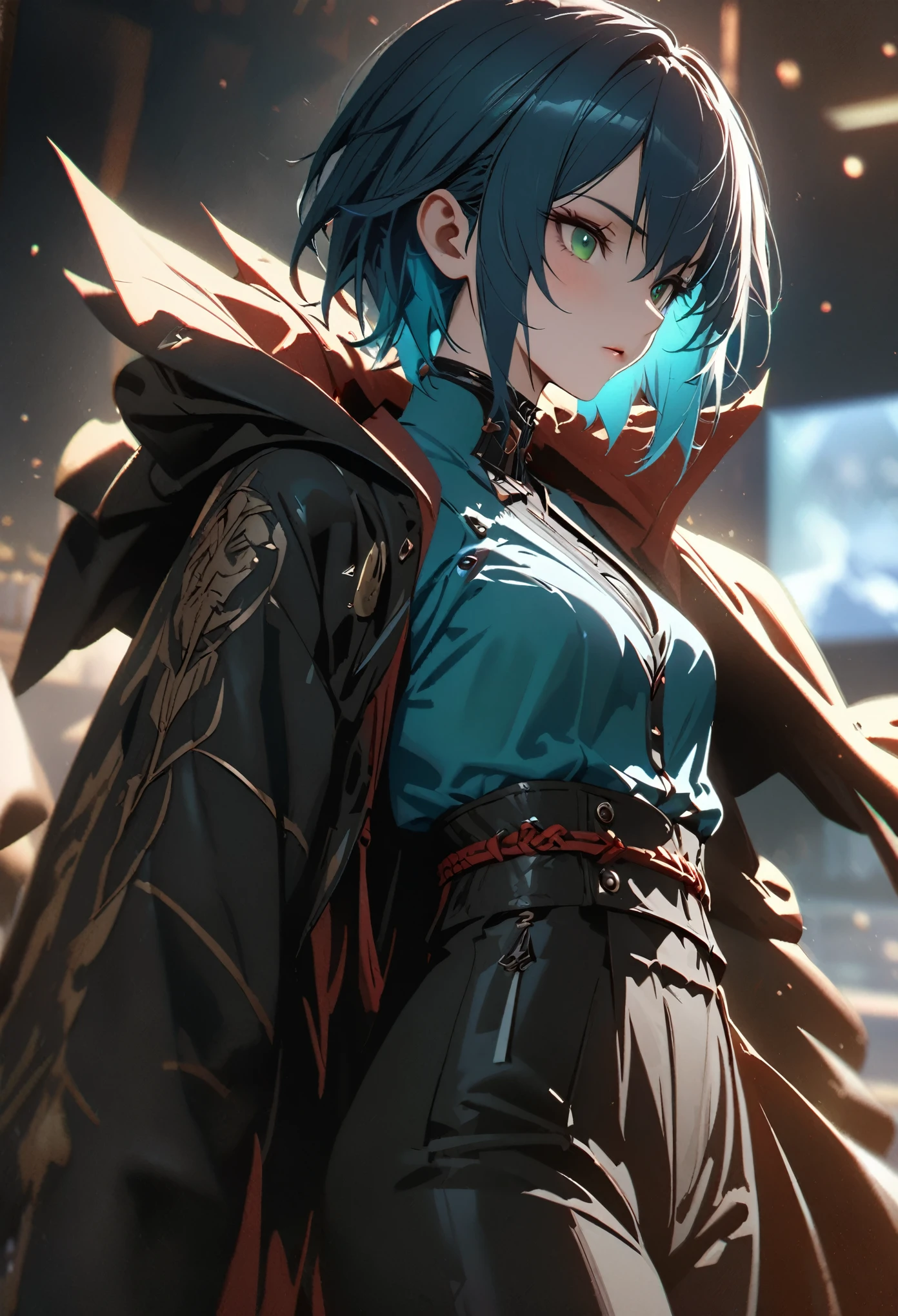 ((solo)), (androgynous woman), green eyes, ((fluorescent blue hair)), short hair, spiky straight hair, (young adult), tall, fit, flat breasts, a close up of a person, detailed key anime art, casimir art, masamune shiro, masamune, beautiful girl in demon slayer art, heise jinyao, shadowverse style, (no logos), black pants, blue shirt, black trenchcoat, shiny hair, depth of field, cinematic lighting, ray tracing, depth of field, cinematic lighting, ray tracing, UHD, high details, best quality, highres, high quality, award winning, super detail, masterpiece, 8k, UHD, high details, best quality, highres, high quality, award winning, super detail, masterpiece, 8k
