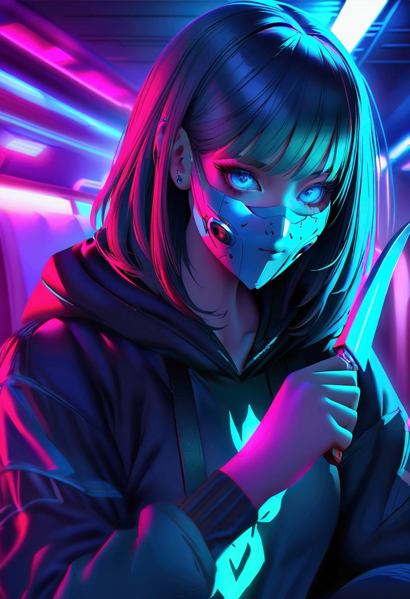 There was a girl wearing a mask and a black hoodie，with a knife in his hand, hyper-realistic cyberpunk style，Digital cyberpunk anime style，cyan cores