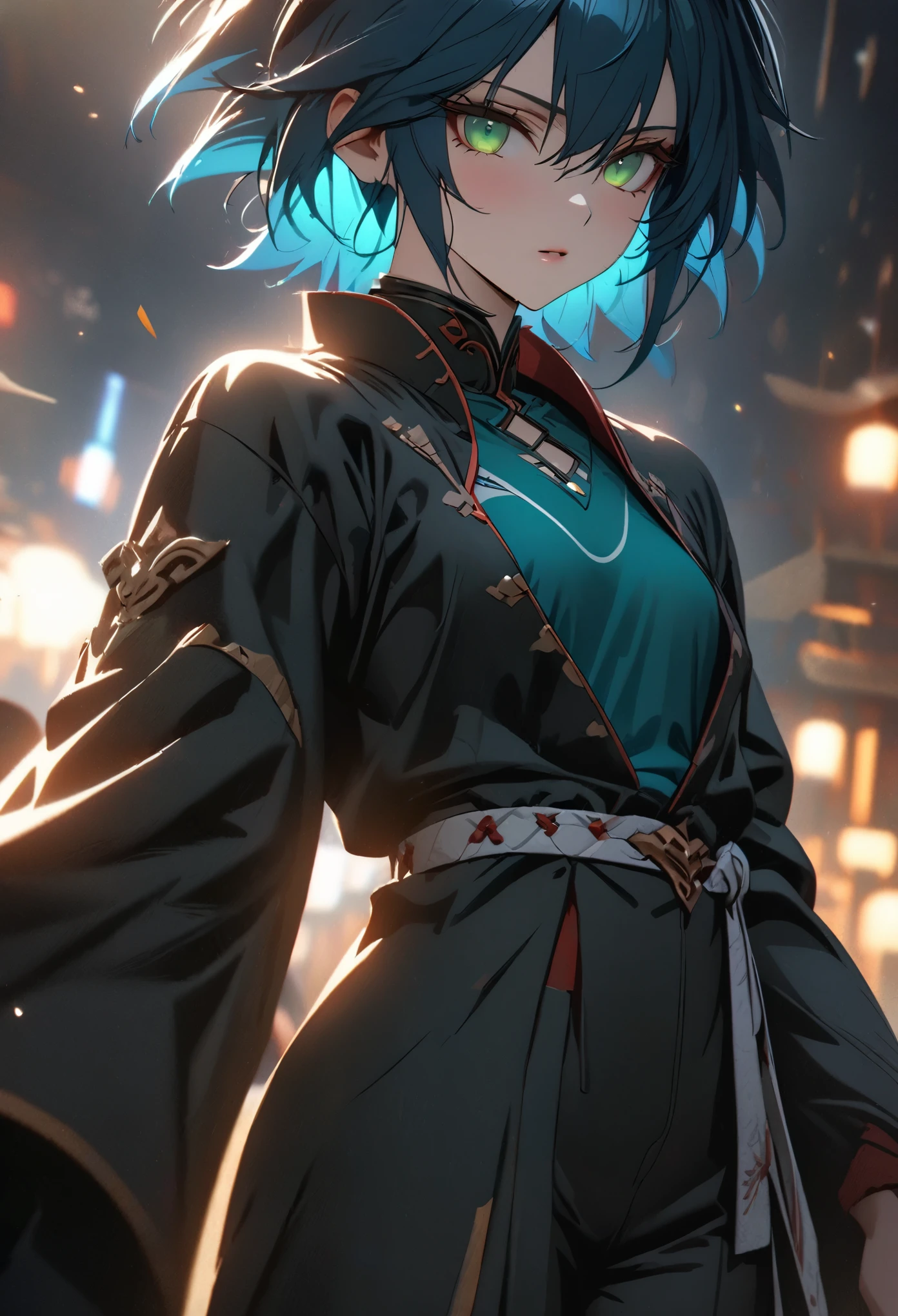 ((solo)), (androgynous woman), green eyes, ((fluorescent blue hair)), short hair, spiky hair, (young adult), tall, fit, no breasts, a close up of a person, detailed key anime art, casimir art, masamune shiro, masamune, beautiful girl in demon slayer art, heise jinyao, shadowverse style, (no logos), black pants, blue shirt, black trenchcoat, shiny hair, depth of field, cinematic lighting, ray tracing, depth of field, cinematic lighting, ray tracing, UHD, high details, best quality, highres, high quality, award winning, super detail, masterpiece, 8k, UHD, high details, best quality, highres, high quality, award winning, super detail, masterpiece, 8k