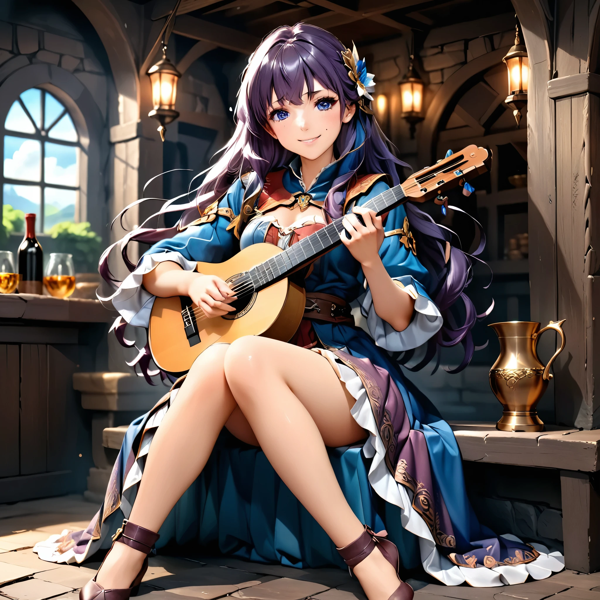 Masterpiece, 4k, HDR, full HD, (best quality), (ultra detailed), (only), (extremely delicate and beautiful fabric), super complex ANIME TYPE, best quality, 1girl, very expressive eyes, deep purple hair , hyper beautiful face, purple hair, perfect anatomy, shiny, oily skin, full body, alone (shiny purple hair, long hair), looking at viewer, bright blue eyes, perfect hands, perfect legs, super detailed clothes, intricate clothes, In a vibrant RPG world, a girl bard travels through distant kingdoms, bringing joy and hope through her music. SHe wears colorful, light clothing, adorned with feathers and leather details. HER lute hangs behind her back, while a flute hangs from her belt. With a charming smile and bright eyes, she sits in a tavern full of adventurers and begins to play a melody that resonates in every corner. Her voice is soft but powerful, capable of inspiring courage or bringing comfort to weary hearts. The magical music that emanates from her fingers not only entertains, but strengthens her allies, filling them with energy and motivation for the battles to come. She has a lute, from which magical notes come out when played,