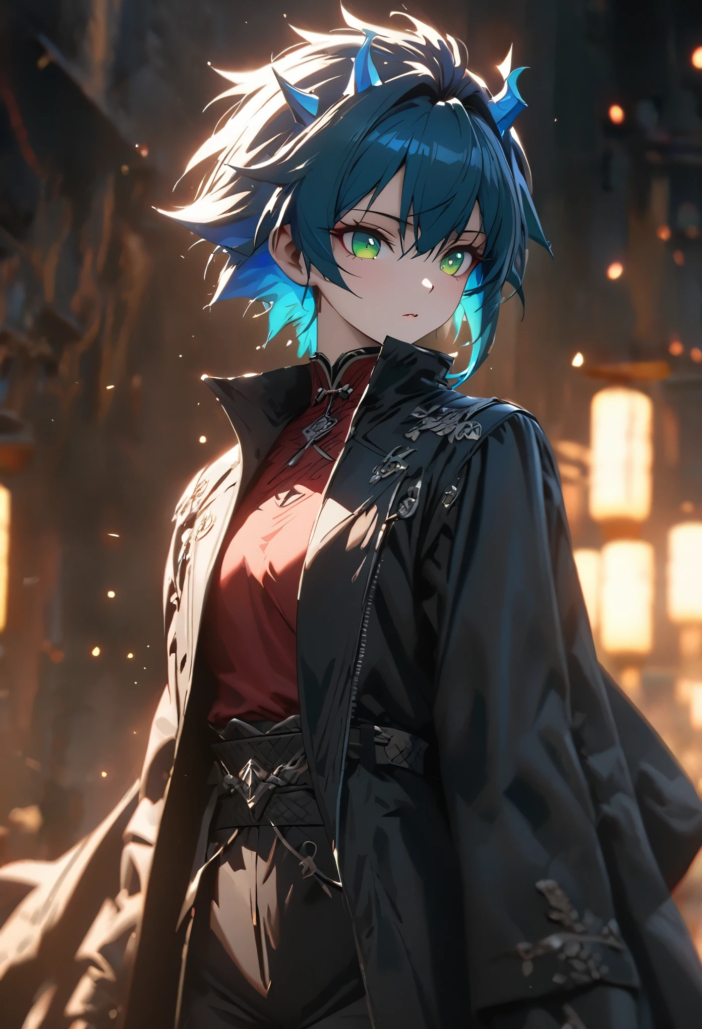 ((solo)), (androgynous male), green eyes, ((fluorescent blue hair)), short hair, spiky hair, (young adult), tall, fit, a close up of a person, detailed key anime art, casimir art, masamune shiro, masamune, beautiful girl in demon slayer art, heise jinyao, shadowverse style, (no logos), black pants, red shirt, black trenchcoat, shiny hair, depth of field, cinematic lighting, ray tracing, depth of field, cinematic lighting, ray tracing, UHD, high details, best quality, highres, high quality, award winning, super detail, masterpiece, 8k, UHD, high details, best quality, highres, high quality, award winning, super detail, masterpiece, 8k
