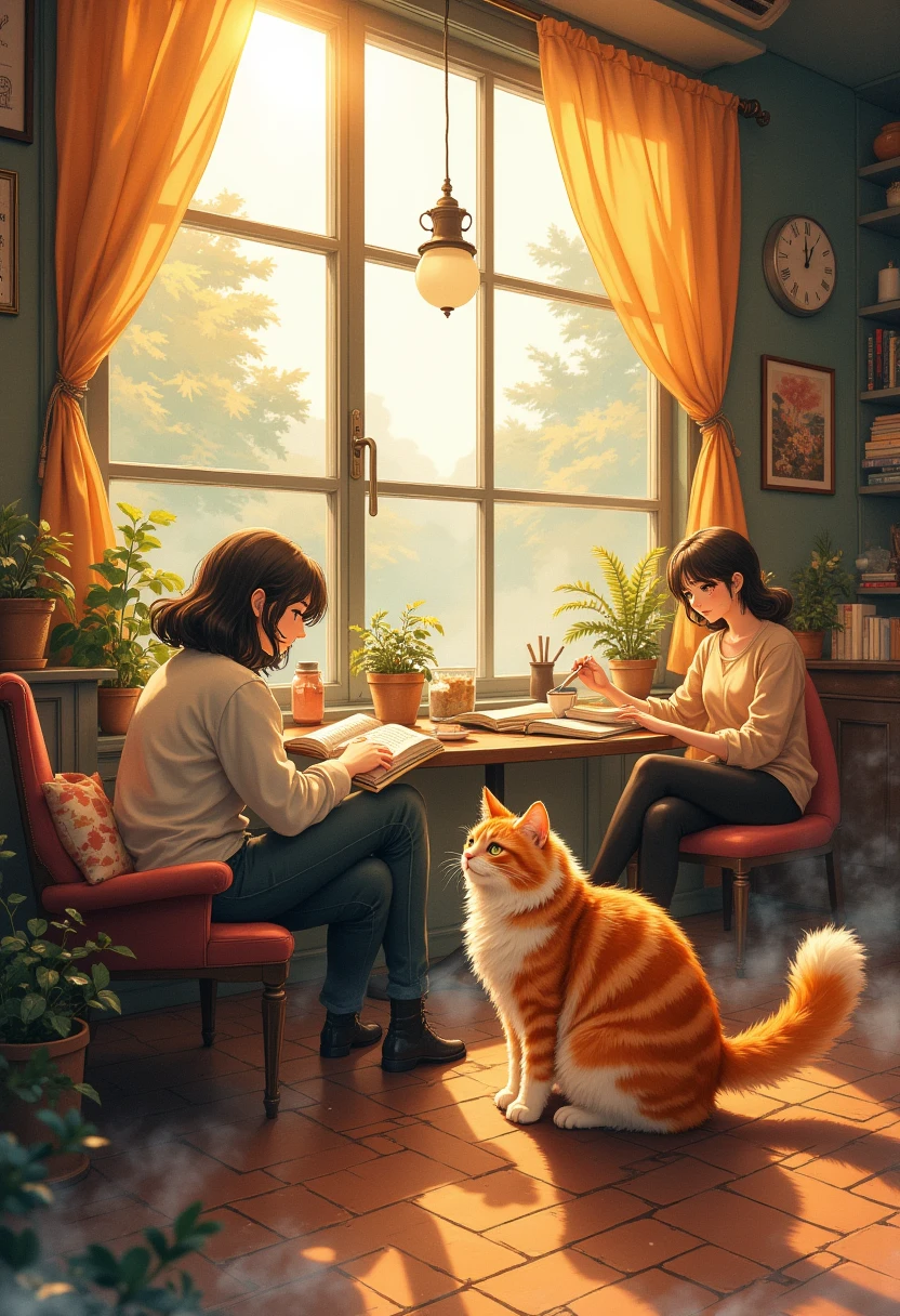 a large maine coon cat grooming itself in the sunlight streaming through the windows of a cozy retro-style cat cafe, with a cat-shaped cushion in front of a fireplace and customers reading books and interacting with the cats, rendered in a soft, watercolor-like style with a warm, inviting atmosphere