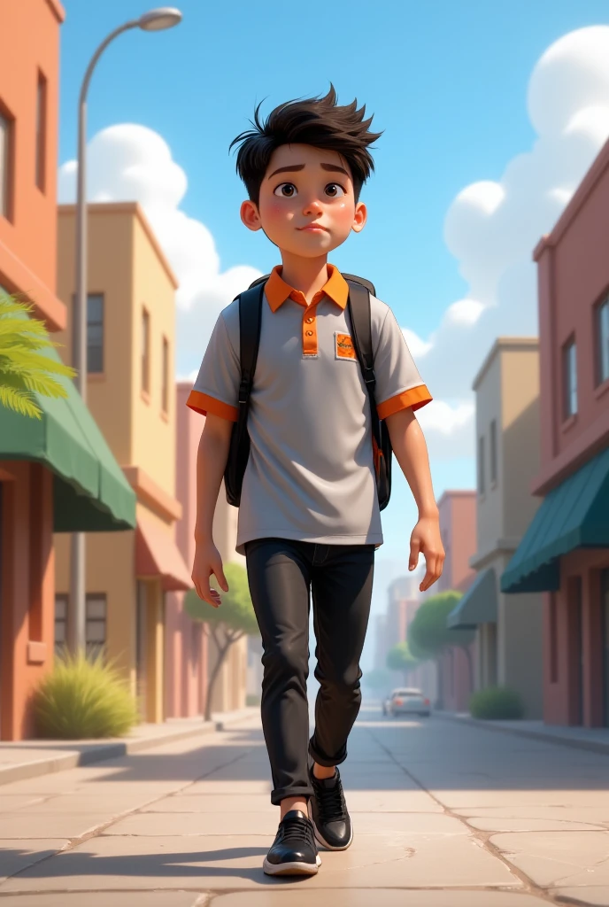 Pixar style poster of young Latino student dressed in black pants and light grey polo shirt with orange collar and sleeves, black shoes. Walking to school "INED".