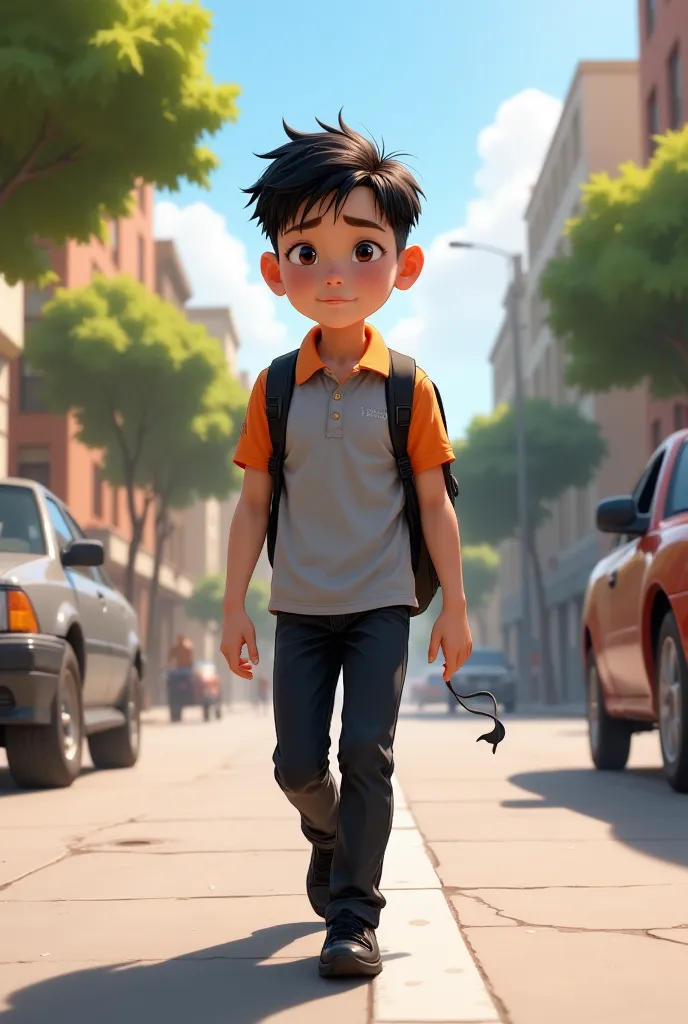 pixar style poster of young latino student dressed in black pants and light grey polo shirt with orange collar and sleeves, blac...