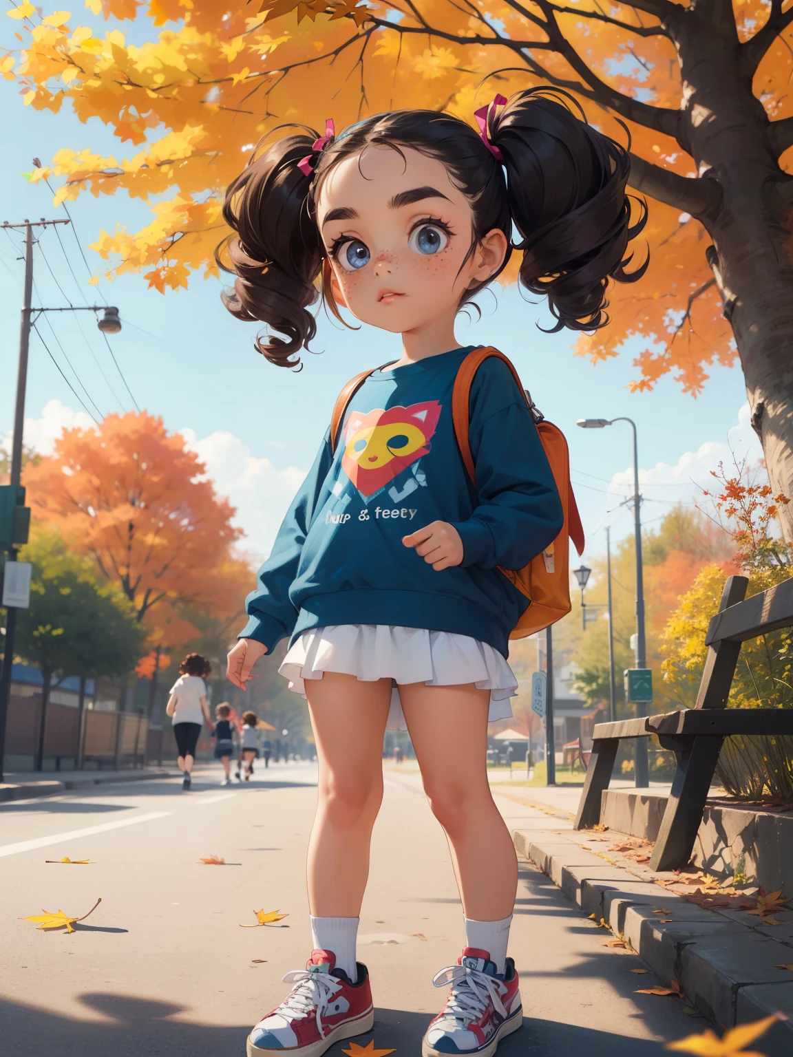 (Superflat, Flat Shading, Flat Color), (Masterpiece，Best Quality，Cute doodles，interesting, Excellent, Two young very small girls，Very short stature:1.2，Child body type:1.2，Curly Hair，Twin tails，bright, Curious eyes，Freckles，Thick eyebrows，Long sleeve white t-shirt，Very short denim miniskirt，Open Fly，sneakers， Autumn park，Autumn leaves，Floral scent，Pop Art,punk, bag，Journey，Playing with cats，Accurate and detailed female fingers，Girl&#39;s Temptation，