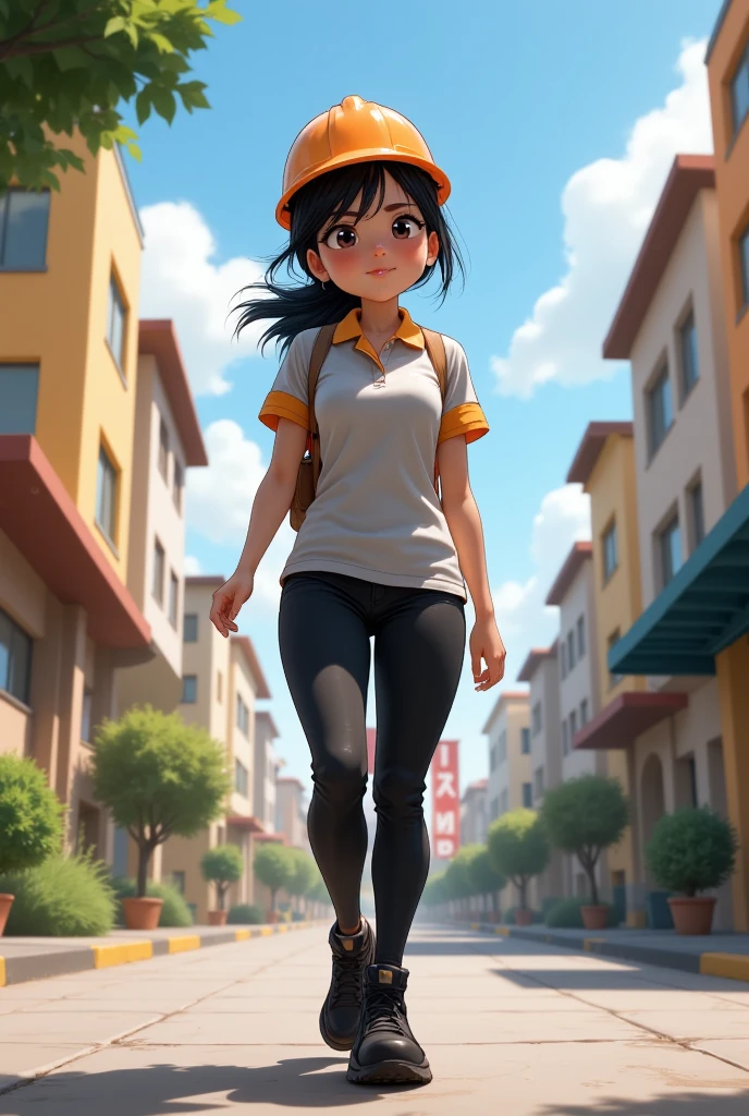 Pixar style poster of young Latina student dressed in black pants and a light grey polo shirt with orange collar and sleeves, black shoes. Walking to "INED" school wearing an electrician's helmet.