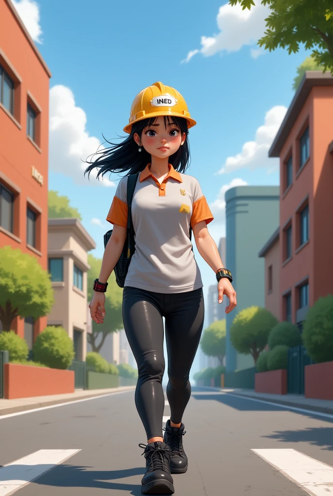 Pixar style poster of young Latina student dressed in black pants and a light grey polo shirt with orange collar and sleeves, black shoes. Walking to "INED" school wearing an electrician's helmet.