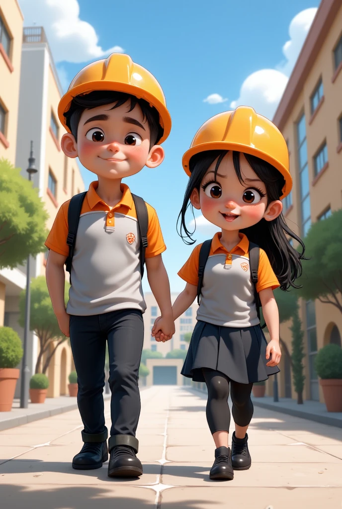 Pixar style poster of 2 young Latino students (male and female), dressed in black pants and a light grey polo shirt with an orange collar and sleeves, black shoes. Walking to the "INED" school wearing an electrician's helmet.