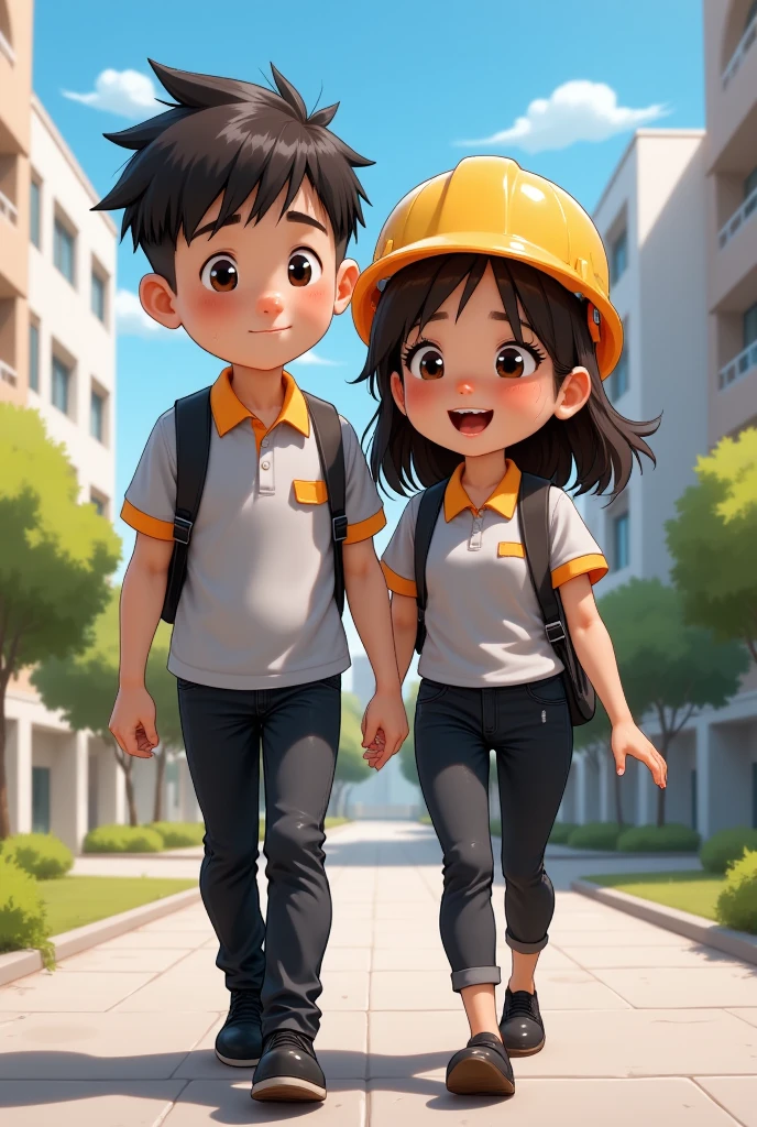 Pixar style poster of 2 young Latino students (male and female), dressed in black pants and a light grey polo shirt with an orange collar and sleeves, black shoes. Walking to the "INED" school wearing an electrician's helmet.