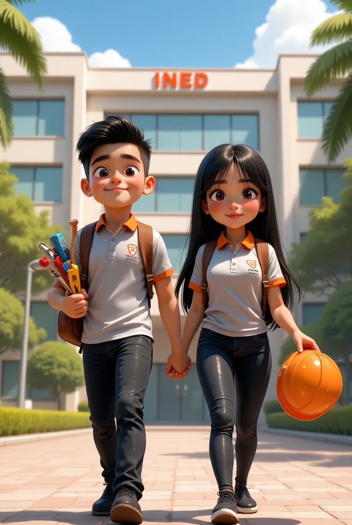 Pixar style poster of 2 young Latino students (male and female), dressed in black pants and a light grey polo shirt with an orange collar and sleeves, black shoes. Walking to the "INED" school with an electrician's helmet and tools in hand.