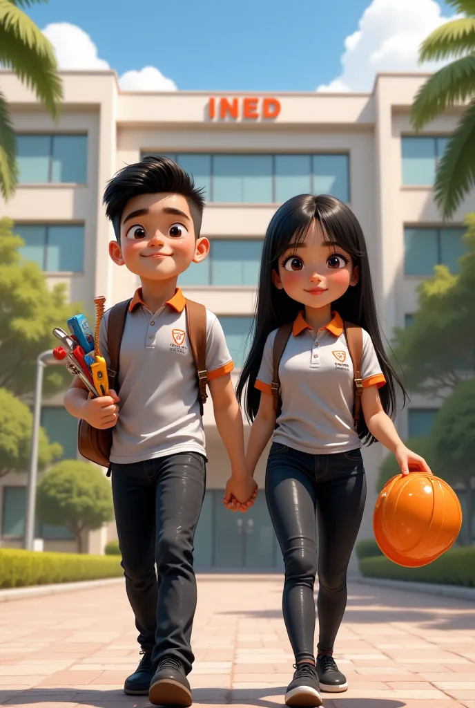 pixar style poster of 2 young latino students (male and female), dressed in black pants and a light grey polo shirt with an oran...