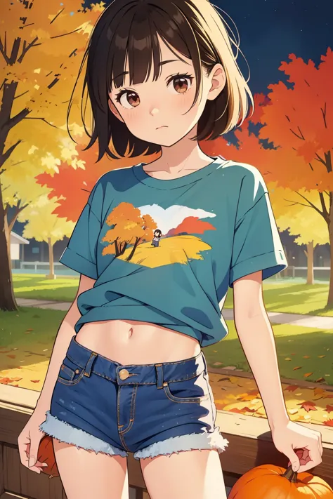 Actual image, Alone, Very young ，Girlish，Small children，Elementary school girl，Very short，Flat bust，Very short legs，Thin limbs，Sweatshirt and denim cutoffs with fringed hem. abdomen. Thin thighs and a round little ass, beautiful, colorful, Super detailed, 16k, Studio Ghibli style，Autumn Night，beautiful日没，Autumn leaves，