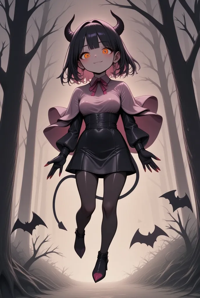 One cute devil girl,(Best Quality,Extremely detailed depiction,Incredible high resolution,Anatomically accurate,High quality anime drawings),(Little devil girl,Cute black clothes,Elegant appearance,Wearing a capelet,stockings,Black boots),(Black Hair,Short Hair,Deep orange eyes,Big Eyes,Round eyes,Wicked Smile:1.3,Devil horns,eyelash,Black Skin,Red nails),Full body image:1.5,background:In the withered forest:2.0,Floating in the sky:2.0