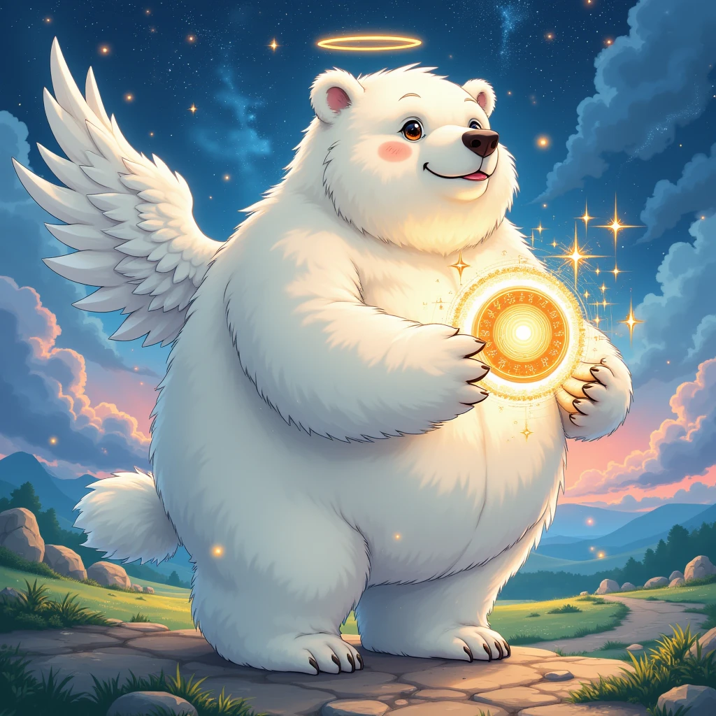 chibi, angel, a plump middle-aged polar bear man, angel wings, full body in Michelangelo Buonarroti style, digital illustration anime, character focus, full body, looking away, dynamic angle, niji6, BREAK happy, light smile, rushing wind, hold with both hands quantum electromagnetic life form sacred sphere, spinning fly, cute pose, detailed painting landscape, twilight, kaleidoscopic swirls, outdoor, BREAK complete anatomy, perfect proportions, beautiful thigh gap, fluffy body, intricate fur details, beautiful fur texture, BREAK detailed bear tail, detailed toe, 5toes, 5toes nails, beautiful foot, detailed hands, 5fingers, 5fingers nails, BREAK cute face, aesthetic anime face, insanity detailed face, male face, big face, square jawline, aesthetic anime eyes, detailed brown eyes, detailed brown cornea, detailed dark brown irises, detailed pupils, male eyes, big eyes, male eyebrows, innocent look, beautiful beard, BREAK masterpiece, official art, best quality, very aesthetic, absurdres, super fine illustration, great quality, BREAK noise reduction, very highres, large filesize, high quality, 32K, 8k wallpaper, dynamic lighting, BREAK insanity detailed, ultra detailed, intricate details, extremely detailed, detailed texture, an extremely delicate and beautiful, full color, HDR, BREAK e621 uncut tag, Fur Affinity illustration, osukemo, kemohomo, anthropomorphic, furry, cartoon, harmonious, pastoral, virtuous atmosphere 