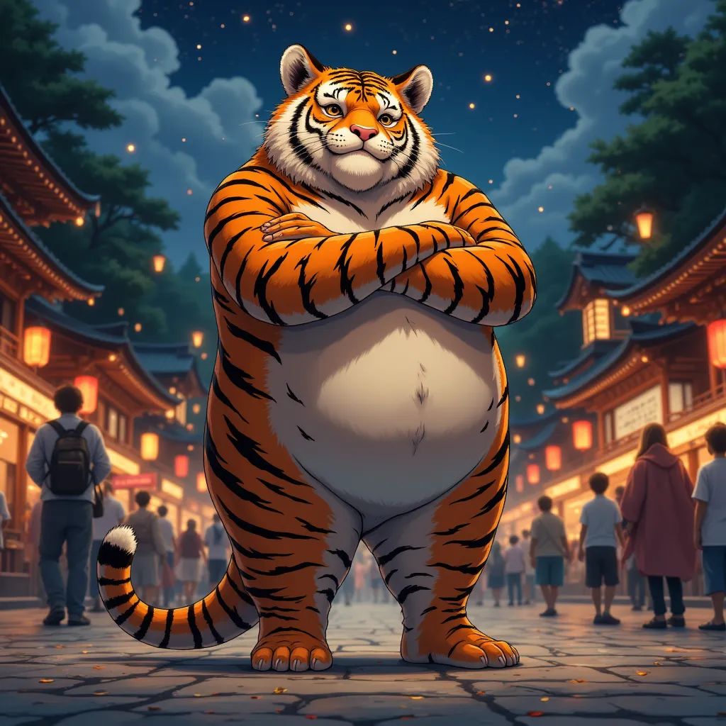 summer festival, a plump middle-aged tiger man, full body in michelangelo buonarroti style, digital illustration anime, characte...