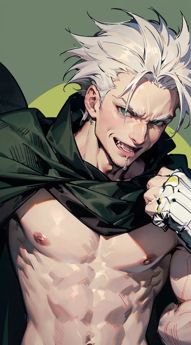 male character, muscular, pink skin, spiky white hair, pink bodysuit accented by a  green  fabric, flowing black cape, sharp claws, pink skin, punching enemy, strong, evil smile, detailed face, detailed background, empty eyes, drooling, Colorful, bold outline, anime, manga