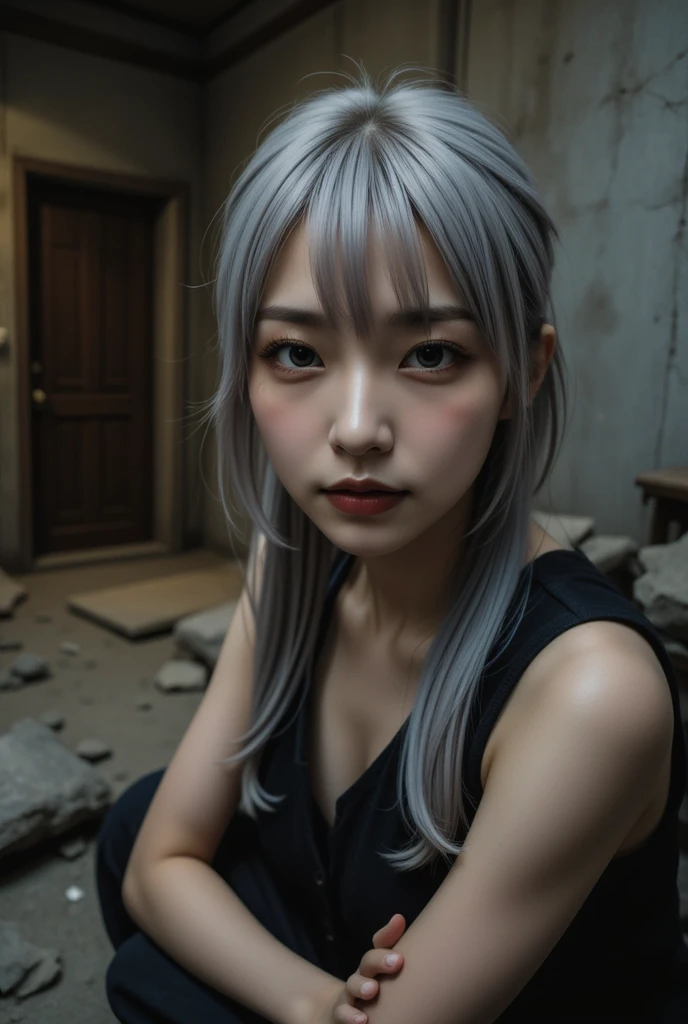 1girl, alone、gal ,brown eye,Cowboy Shot,hoodie、, (Pale skin:1.2), Slender body, ((Gray Hair, Long, straight hair, Short bangs)), (Fascinating face, Provocative look, Open lips:1.3, Eyeshadow, Eyeliner, Tear bags, Red lipstick), ,RAW Photos, 8k, (top-quality), Realistic, (Realistic photos, Intricate details), (Natural skin texture, Detailed skin, Hyperrealism, Sharpness),thigh, Dusty room, Cracked wall, Rubble pile:1.3, Spot Lighting:1.3