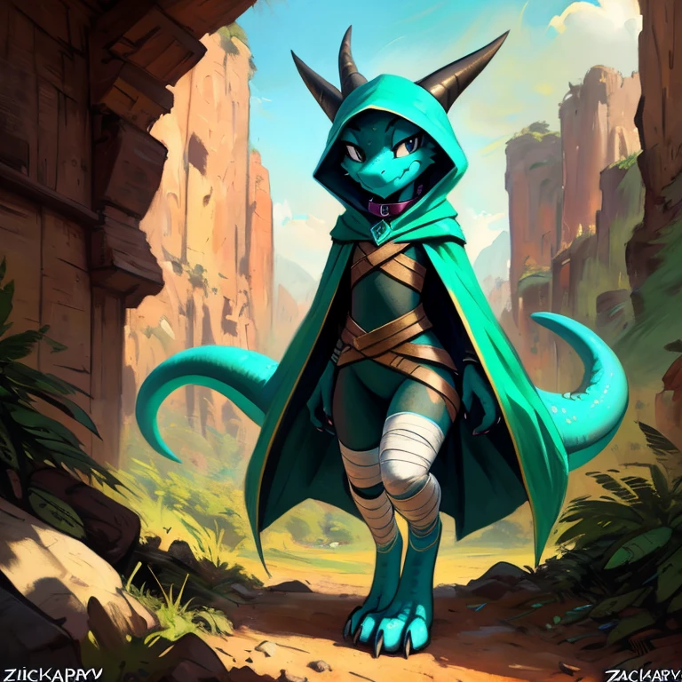 (((by Zackary911, by Kenket, by Kilinah))), solo female, bright teal skin, teal scales, (((tealKobold)), (detailed teal kobold)) wearing a cloak with a hood, gem on the collar, bandaged thighs and bandaged chest, teal kobold tail, front view, looking at the observer with a smug smile, perspective, finely detailed paws, nsfw, e621