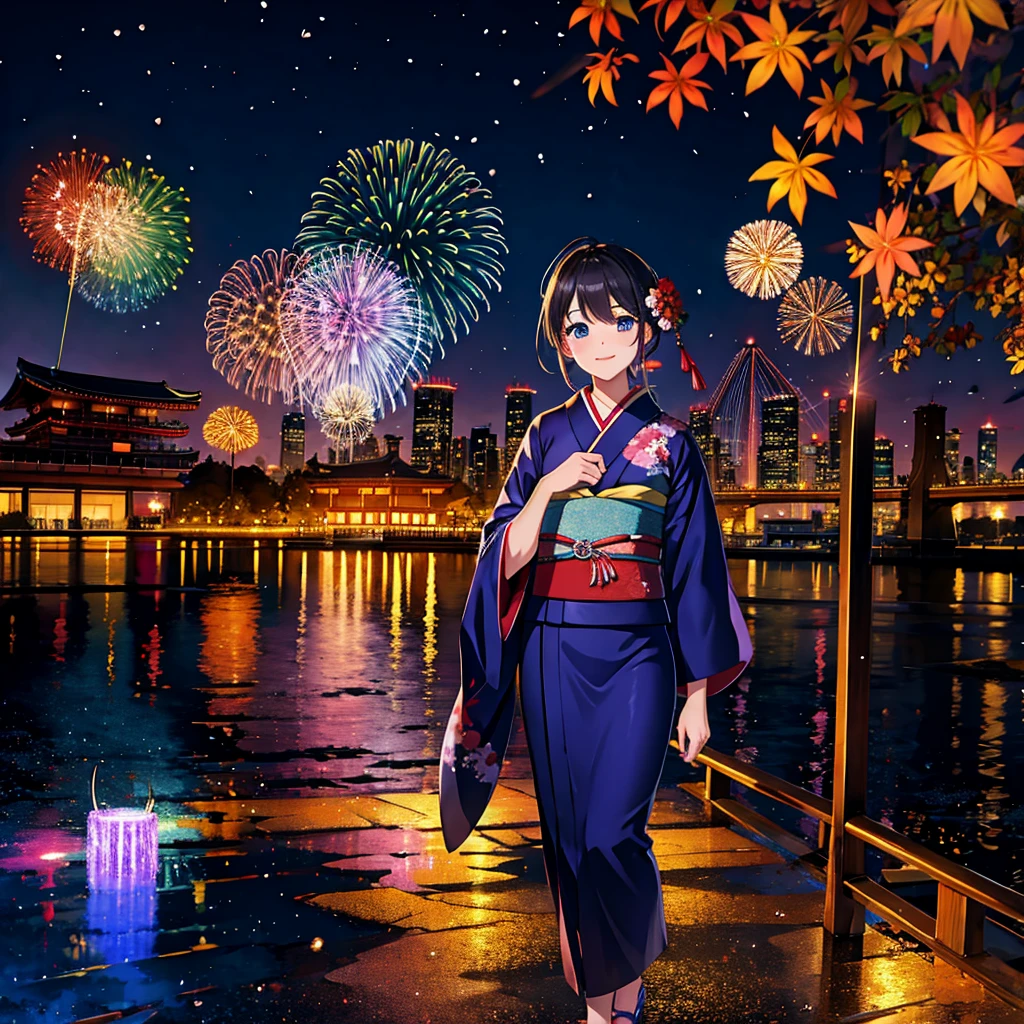 Masterpiece, ultra detailed, night, fireworks, vivid color, Japanese kimono,