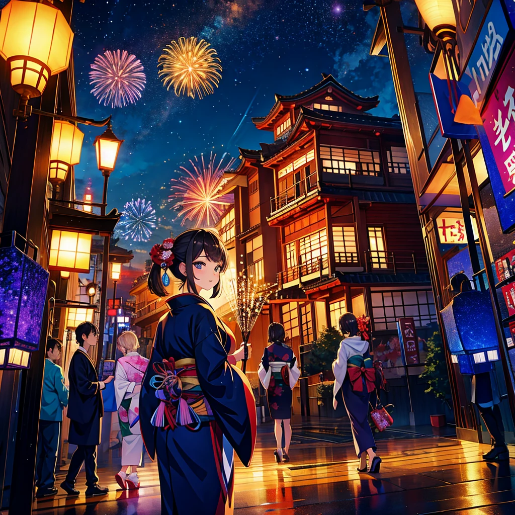 Masterpiece, ultra detailed, night, fireworks, vivid color, Japanese kimono,