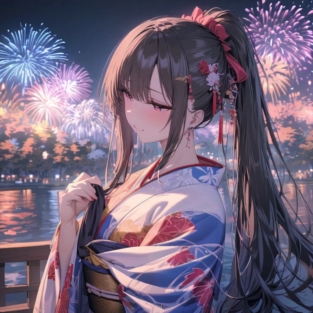 Masterpiece, ultra detailed, night, fireworks, vivid color, Japanese kimono,