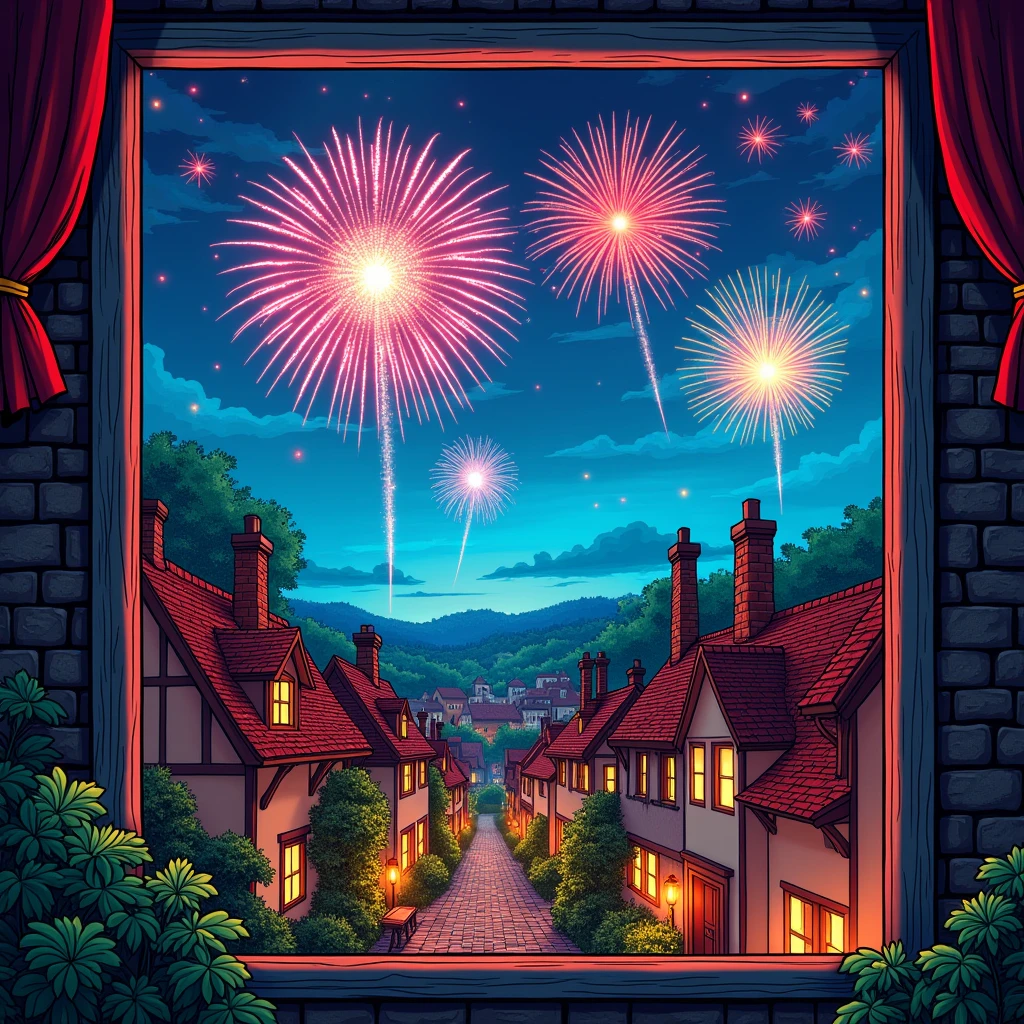 Comic book style, window view, colorful fireworks in the quaint village.