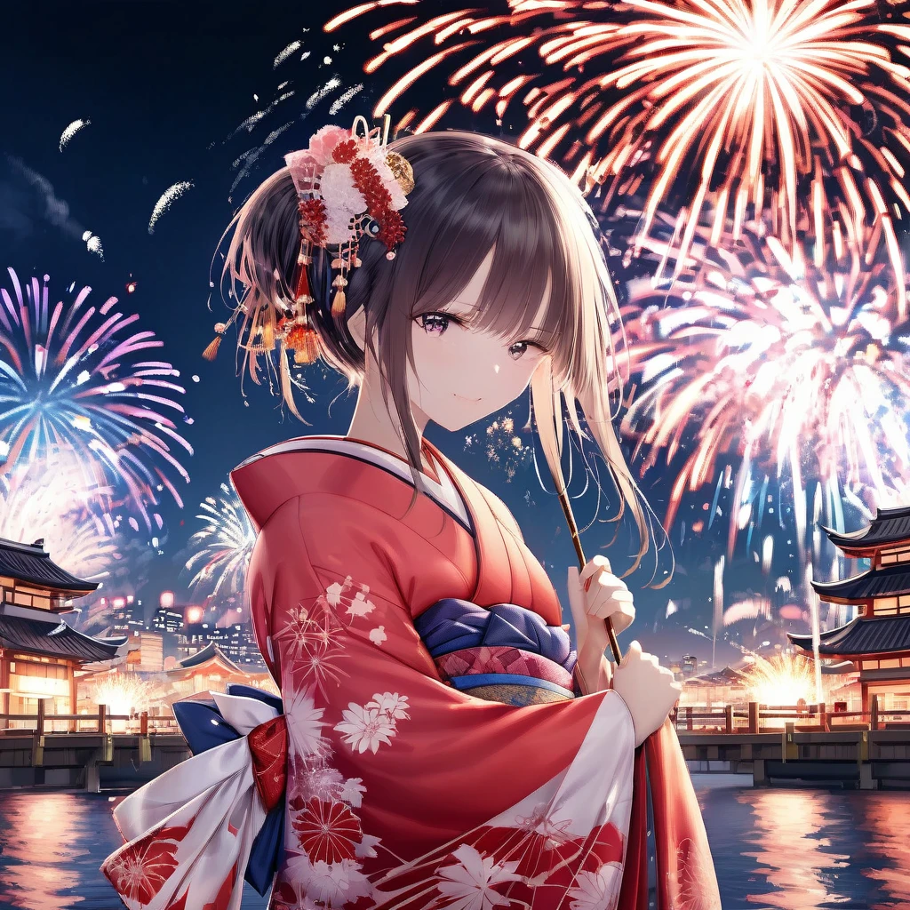 Masterpiece, ultra detailed, night, fireworks, vivid color, Japanese kimono,