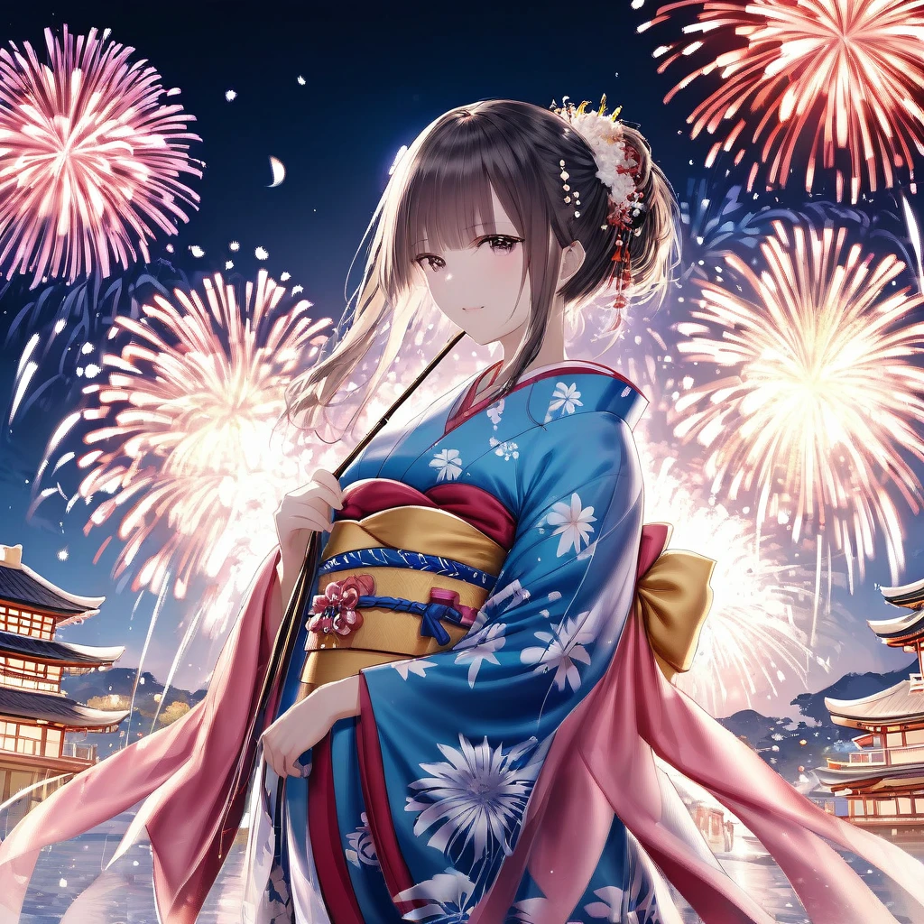 Masterpiece, ultra detailed, night, fireworks, vivid color, Japanese kimono,