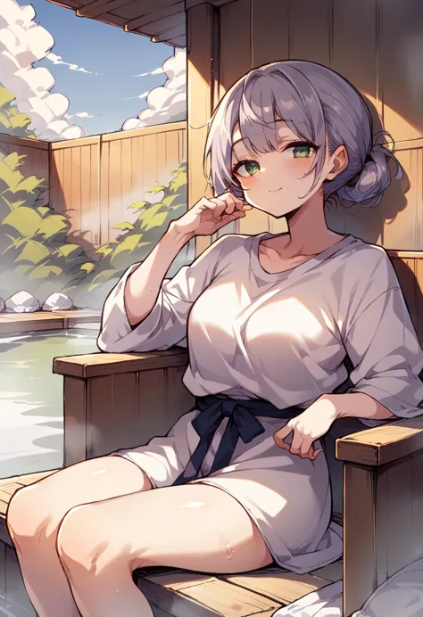 1girl,sauna,reclining outdoor chair,shigure ui,outdoor,湖,