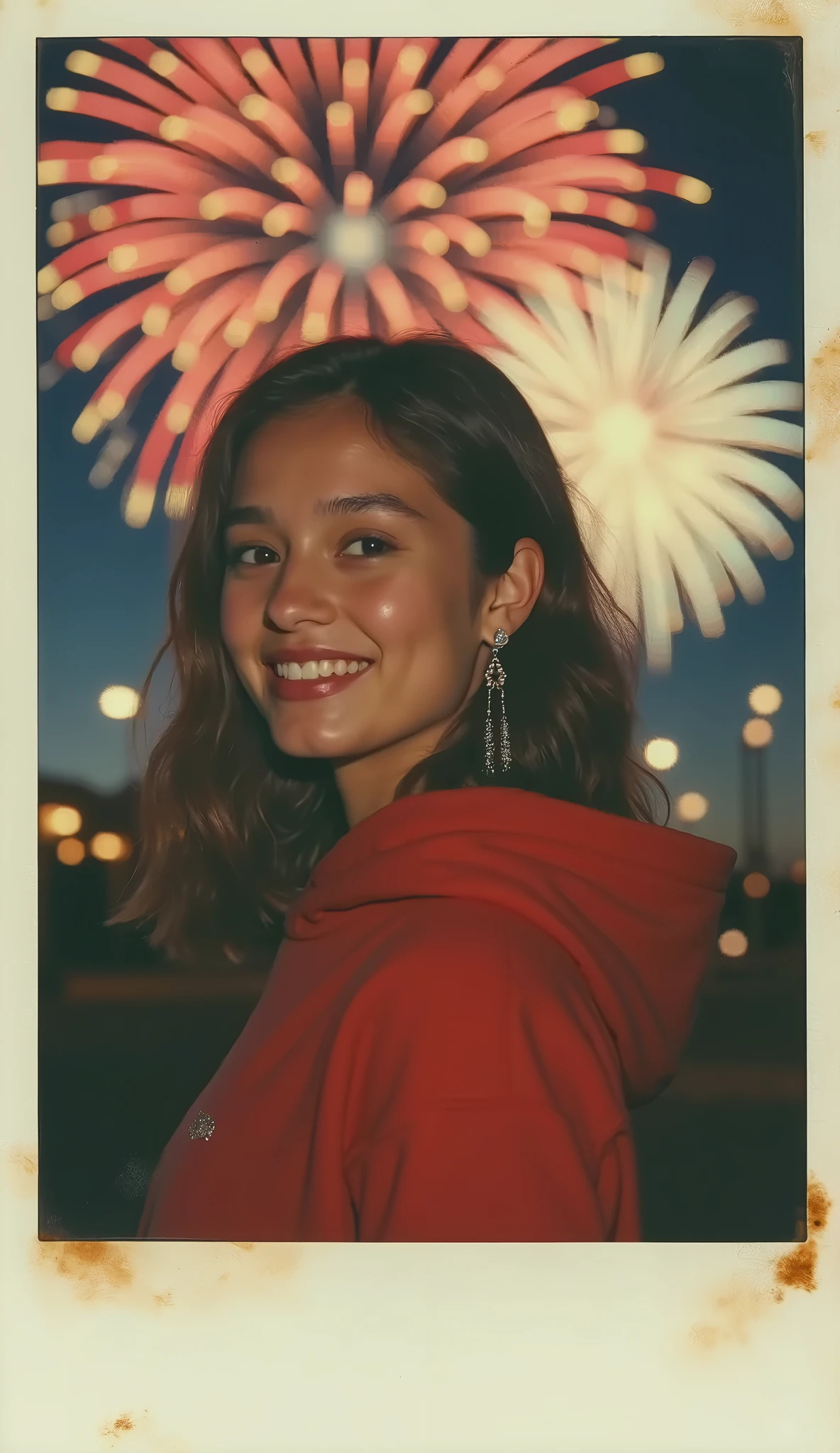 A nostalgic, grainy 1990s-style polaroid image of a girl in a red hoodie, facing the camera with a captivating smile. Her wavy, shoulder-length hair frames her face, and she appears to be wearing earrings with a touch of sparkle. In the background, a dazzling fireworks display illuminates the night sky, with bright shades of red, blue, and yellow. The overall ambiance is warm and nostalgic, evoking a sense of joy and wonder from a bygone era.