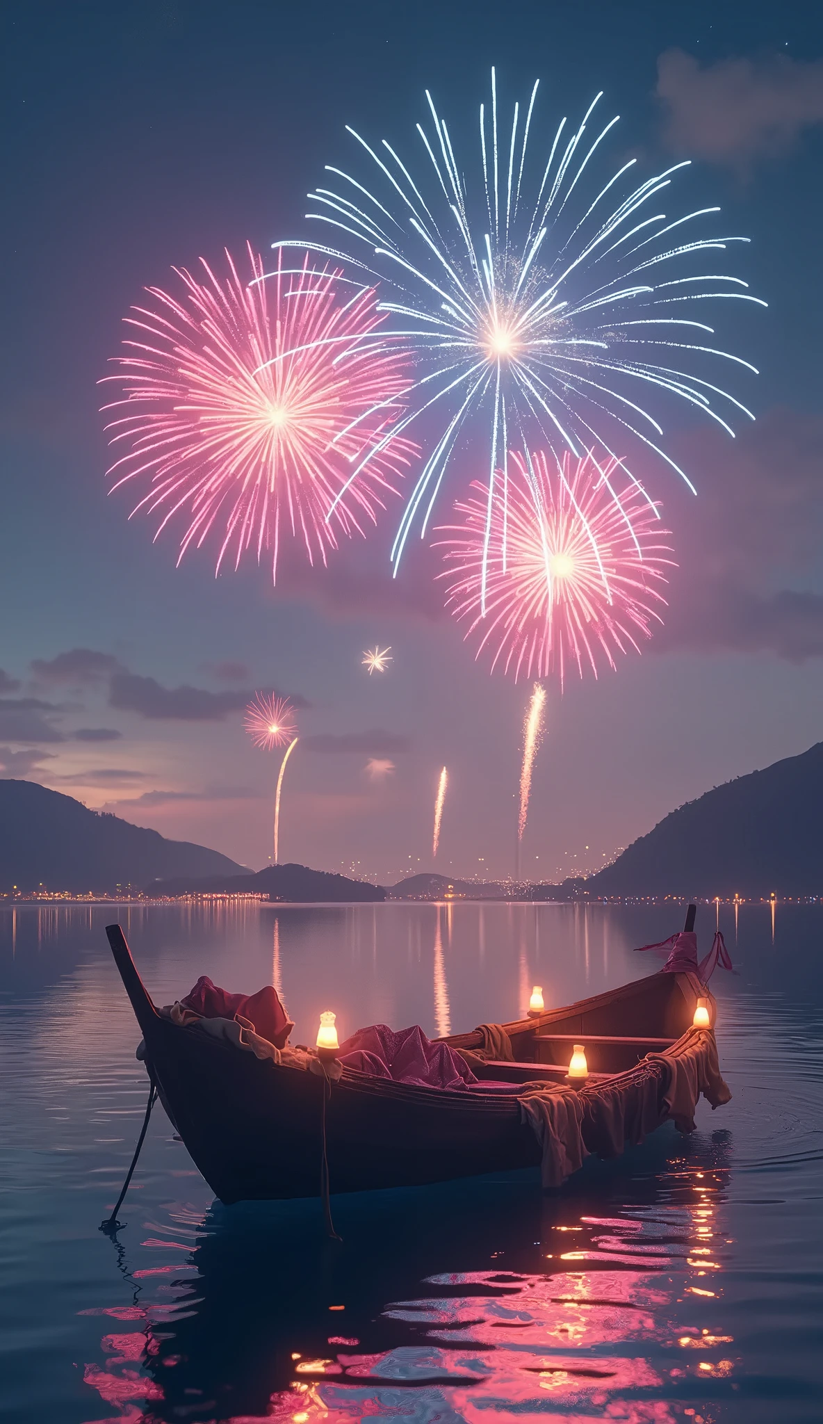 A nostalgic, grainy 1990s-style polaroid image of a girl in a red hoodie, facing the camera with a captivating smile. Her wavy, shoulder-length hair frames her face, and she appears to be wearing earrings with a touch of sparkle. In the background, a dazzling fireworks display illuminates the night sky, with bright shades of red, blue, and yellow. The overall ambiance is warm and nostalgic, evoking a sense of joy and wonder from a bygone era.