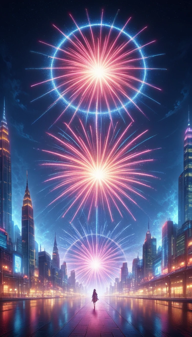 Fireworks below in a cyberpunk city, a fantastical world unfolds, bright and glittering, spectacular explosions, grand and mesmerizing, illuminating the darkness, vivid and vibrant colors, light displays, dazzling patterns, mesmerizing and fantastic, inverted image, high quality, (16K resolution), ((super detailed)), (( Artwork by)), ultra-realistic, lights, dynamic lines, oc rendering