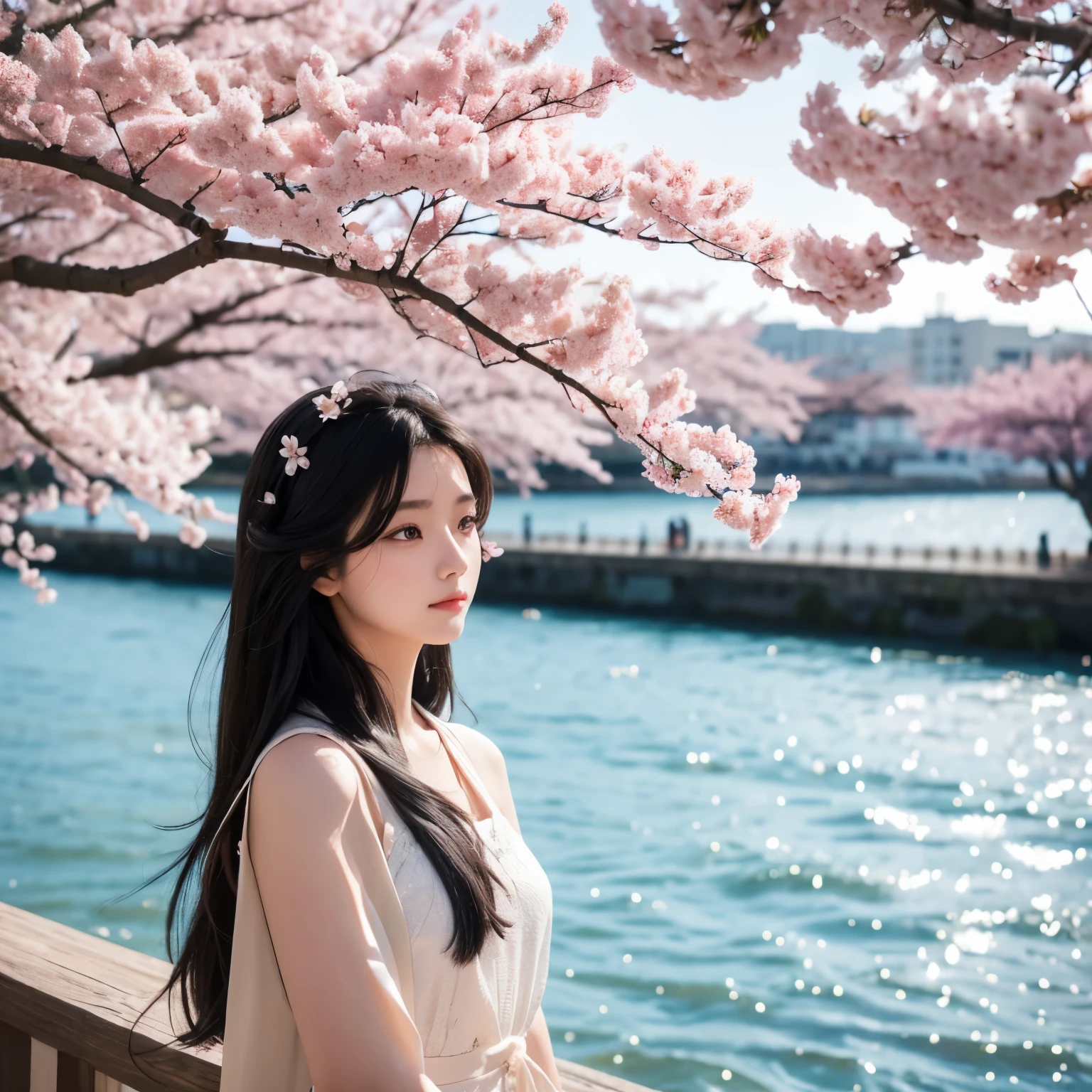 A girl,Black hair, Flowing hair, seaside,景color,landscape,Cherry blossoms, Falling Flowers, Sunlight,God&#39;Light,Upper body,  color,skirt,kimono