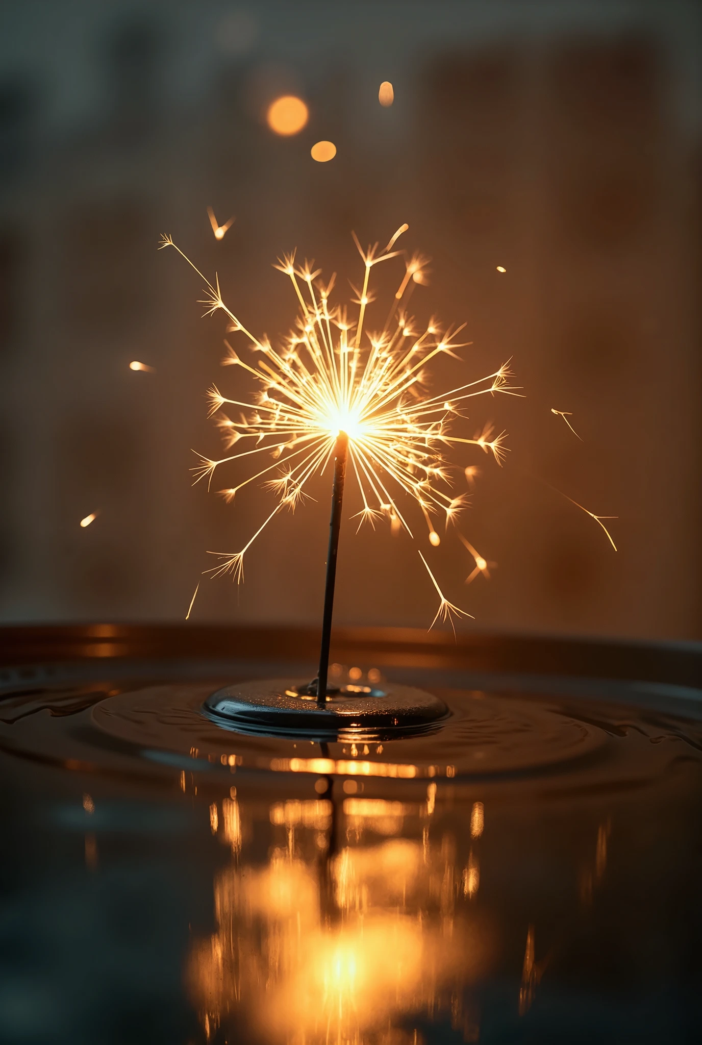 A stunning, minimalistic macro photography art image focusing on the delicate beauty of a senko hanabi (Japanese sparkler firework) in its fleeting moment of glow. The firework, held just above the water’s surface, should emit gentle, sparkling droplets of light, with intricate details of each spark captured in sharp focus. The main composition features two reflections—one from the calm water below and another from a perfectly placed mirror in the background, creating a mesmerizing symmetry. The reflections should be subtle yet distinct, with the warm, golden-orange glow of the senko hanabi mirrored in the water’s surface and in the glass, adding layers of depth. Use a tight macro shot, allowing the senko hanabi’s glowing sparks to take center stage, with the background blurred into soft, neutral tones that evoke a sense of calm and elegance. The angle should be slightly tilted upward to emphasize the delicate height of the firework, while focusing on the interplay between the light and its reflections. The artistic style should echo the minimalistic elegance of photographers like Hiroshi Sugimoto, combined with the soft, dreamy atmosphere seen in works by Ansel Adams. Ensure that the color palette remains simple, with warm yellows, golds, and soft reflections contrasted against a neutral, darkened backdrop to create a striking visual balance. The overall mood should be serene and contemplative, capturing the ephemeral beauty of the senko hanabi and the quiet, reflective space it creates between the water and mirror.