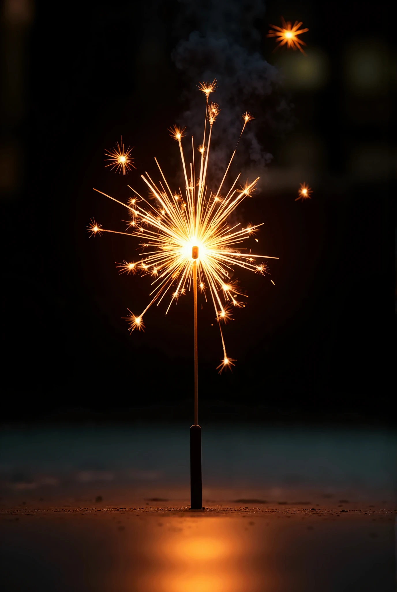 A stunning, minimalistic macro photography art image focusing on the delicate beauty of a senko hanabi (Japanese sparkler firework) in its fleeting moment of glow. The firework, held just above the water’s surface, should emit gentle, sparkling droplets of light, with intricate details of each spark captured in sharp focus. The main composition features two reflections—one from the calm water below and another from a perfectly placed mirror in the background, creating a mesmerizing symmetry. The reflections should be subtle yet distinct, with the warm, golden-orange glow of the senko hanabi mirrored in the water’s surface and in the glass, adding layers of depth. Use a tight macro shot, allowing the senko hanabi’s glowing sparks to take center stage, with the background blurred into soft, neutral tones that evoke a sense of calm and elegance. The angle should be slightly tilted upward to emphasize the delicate height of the firework, while focusing on the interplay between the light and its reflections. The artistic style should echo the minimalistic elegance of photographers like Hiroshi Sugimoto, combined with the soft, dreamy atmosphere seen in works by Ansel Adams. Ensure that the color palette remains simple, with warm yellows, golds, and soft reflections contrasted against a neutral, darkened backdrop to create a striking visual balance. The overall mood should be serene and contemplative, capturing the ephemeral beauty of the senko hanabi and the quiet, reflective space it creates between the water and mirror.