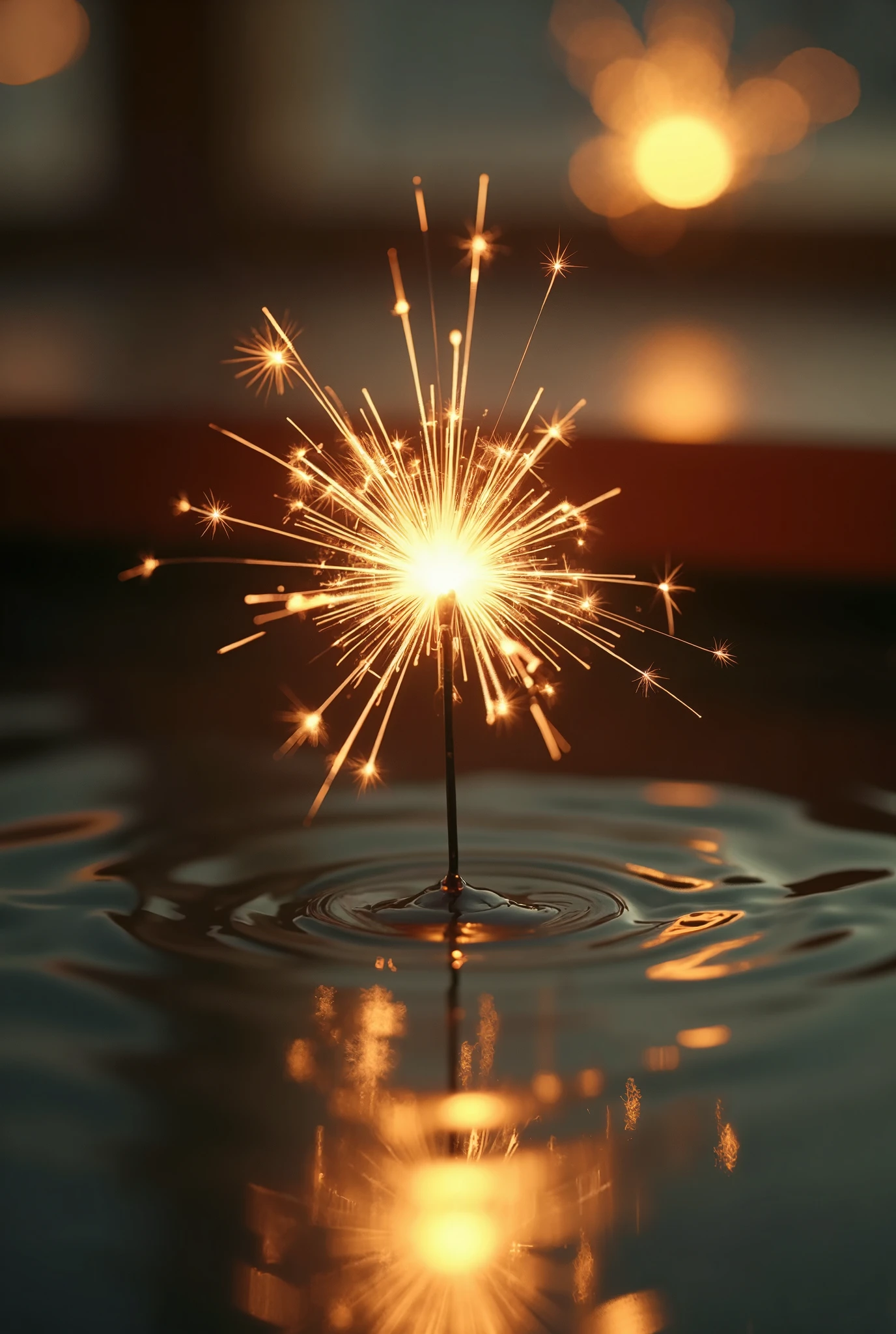 A stunning, minimalistic macro photography art image focusing on the delicate beauty of a senko hanabi (Japanese sparkler firework) in its fleeting moment of glow. The firework, held just above the water’s surface, should emit gentle, sparkling droplets of light, with intricate details of each spark captured in sharp focus. The main composition features two reflections—one from the calm water below and another from a perfectly placed mirror in the background, creating a mesmerizing symmetry. The reflections should be subtle yet distinct, with the warm, golden-orange glow of the senko hanabi mirrored in the water’s surface and in the glass, adding layers of depth. Use a tight macro shot, allowing the senko hanabi’s glowing sparks to take center stage, with the background blurred into soft, neutral tones that evoke a sense of calm and elegance. The angle should be slightly tilted upward to emphasize the delicate height of the firework, while focusing on the interplay between the light and its reflections. The artistic style should echo the minimalistic elegance of photographers like Hiroshi Sugimoto, combined with the soft, dreamy atmosphere seen in works by Ansel Adams. Ensure that the color palette remains simple, with warm yellows, golds, and soft reflections contrasted against a neutral, darkened backdrop to create a striking visual balance. The overall mood should be serene and contemplative, capturing the ephemeral beauty of the senko hanabi and the quiet, reflective space it creates between the water and mirror.