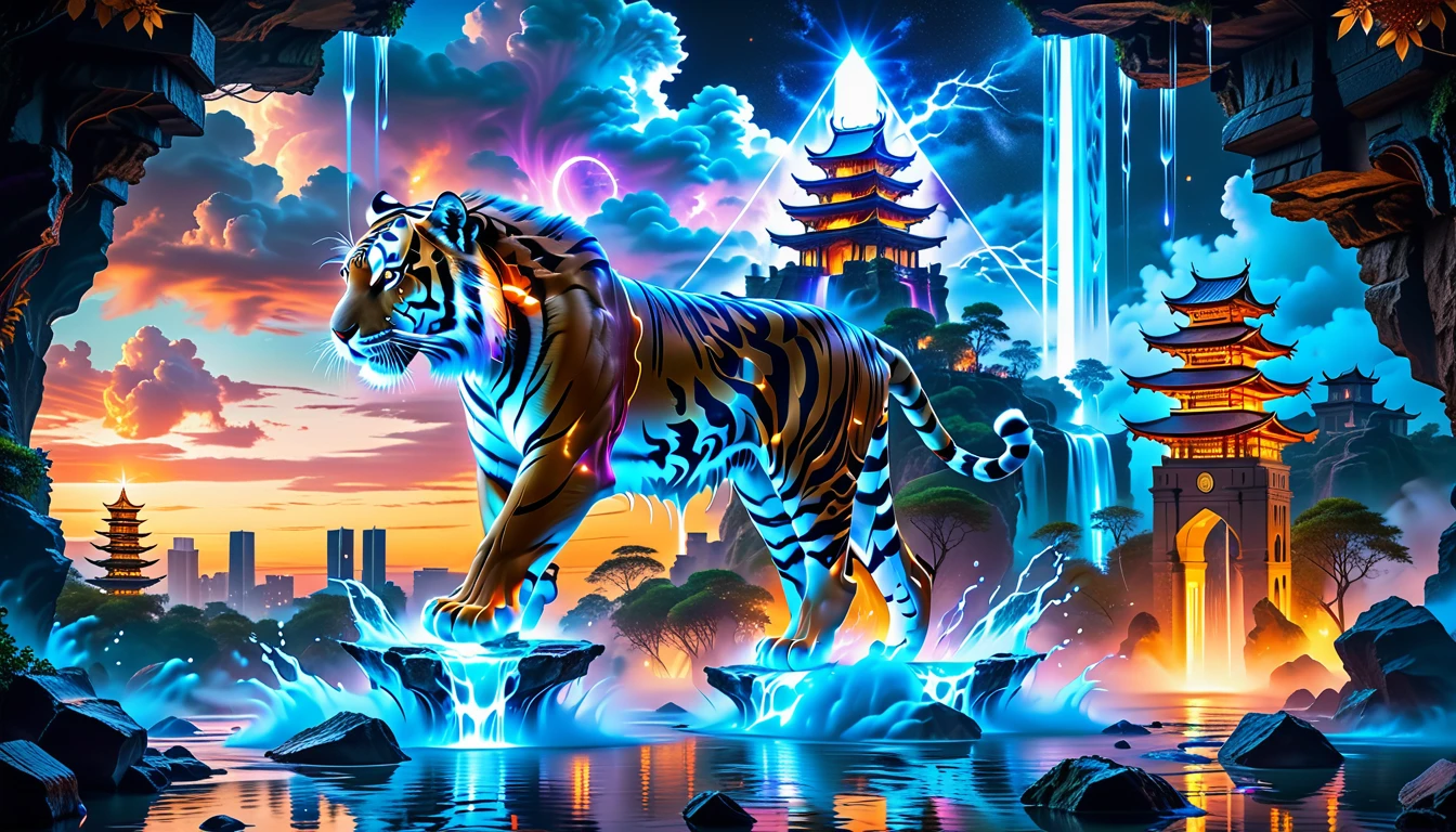 A Masterpiece In 32K Resolution, Supreme Quality, Super Detail, Official Art, Very High-Resolution 32K Wallpaper. A Majestic Tiger With Ultra-Detailed Features Prowls Gracefully In The Foreground. Magical And Arcane, Ultra-Detailed Features. Grand Floating Towers Of Arcane Architecture Hover Above An Ancient City. Magic Symbols And Runes Glow Softly In The Air As Wizards And Scholars Walk Through Floating Bridges. Mystic Waterfalls Of Liquid Mana Flow Through The Streets, And At The Highest Tower, An Ancient Arcane Portal Glows With Otherworldly Light.