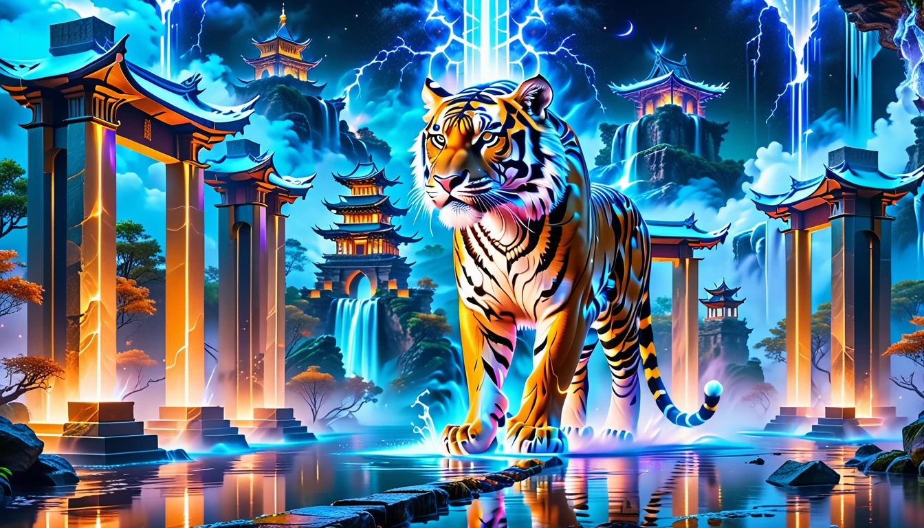 A Masterpiece In 32K Resolution, Supreme Quality, Super Detail, Official Art, Very High-Resolution 32K Wallpaper. A Majestic Tiger With Ultra-Detailed Features Prowls Gracefully In The Foreground. Magical And Arcane, Ultra-Detailed Features. Grand Floating Towers Of Arcane Architecture Hover Above An Ancient City. Magic Symbols And Runes Glow Softly In The Air As Wizards And Scholars Walk Through Floating Bridges. Mystic Waterfalls Of Liquid Mana Flow Through The Streets, And At The Highest Tower, An Ancient Arcane Portal Glows With Otherworldly Light.