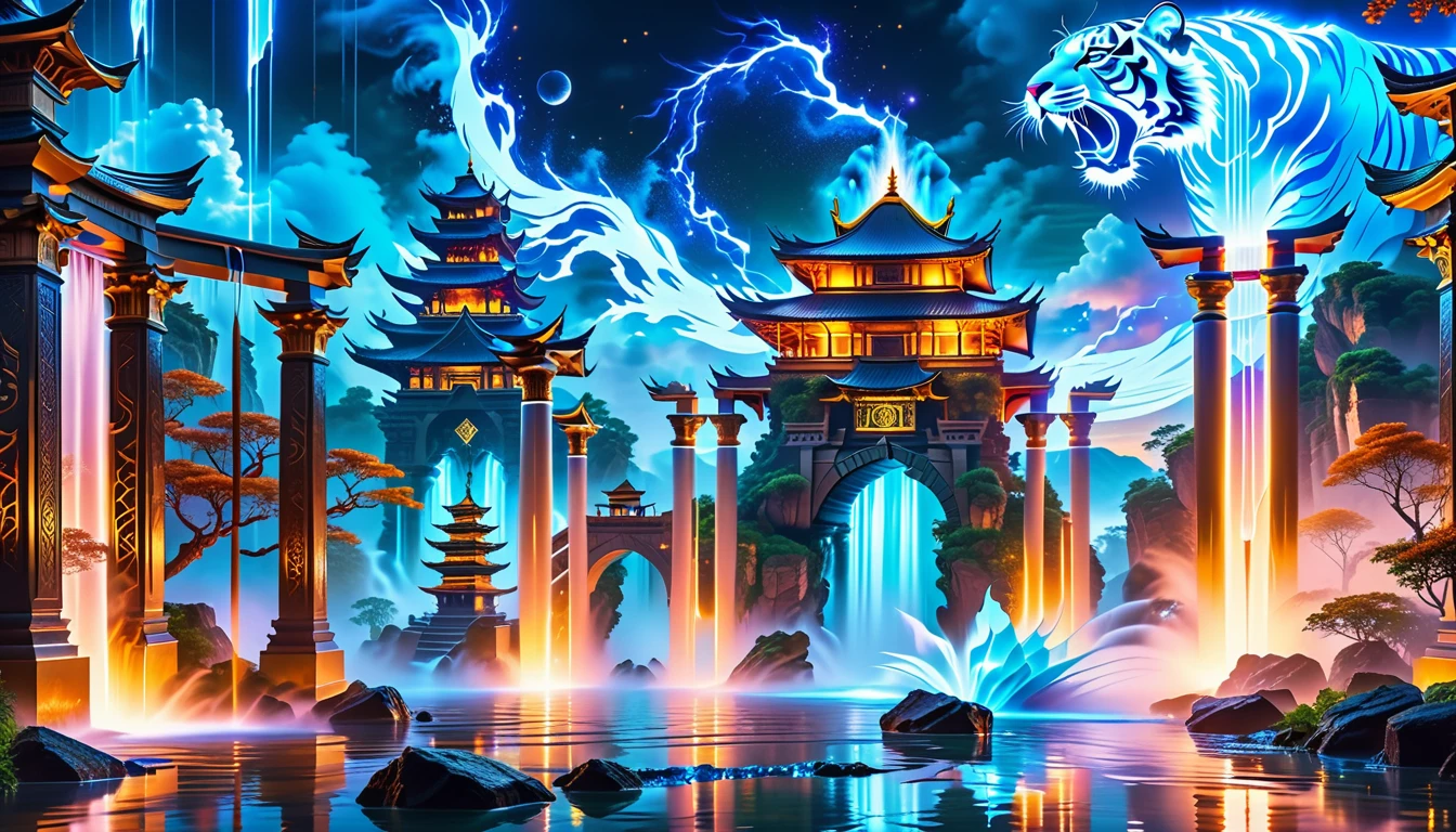 A Masterpiece In 32K Resolution, Supreme Quality, Super Detail, Official Art, Very High-Resolution 32K Wallpaper. A Majestic Tiger With Ultra-Detailed Features Prowls Gracefully In The Foreground. Magical And Arcane, Ultra-Detailed Features. Grand Floating Towers Of Arcane Architecture Hover Above An Ancient City. Magic Symbols And Runes Glow Softly In The Air As Wizards And Scholars Walk Through Floating Bridges. Mystic Waterfalls Of Liquid Mana Flow Through The Streets, And At The Highest Tower, An Ancient Arcane Portal Glows With Otherworldly Light.