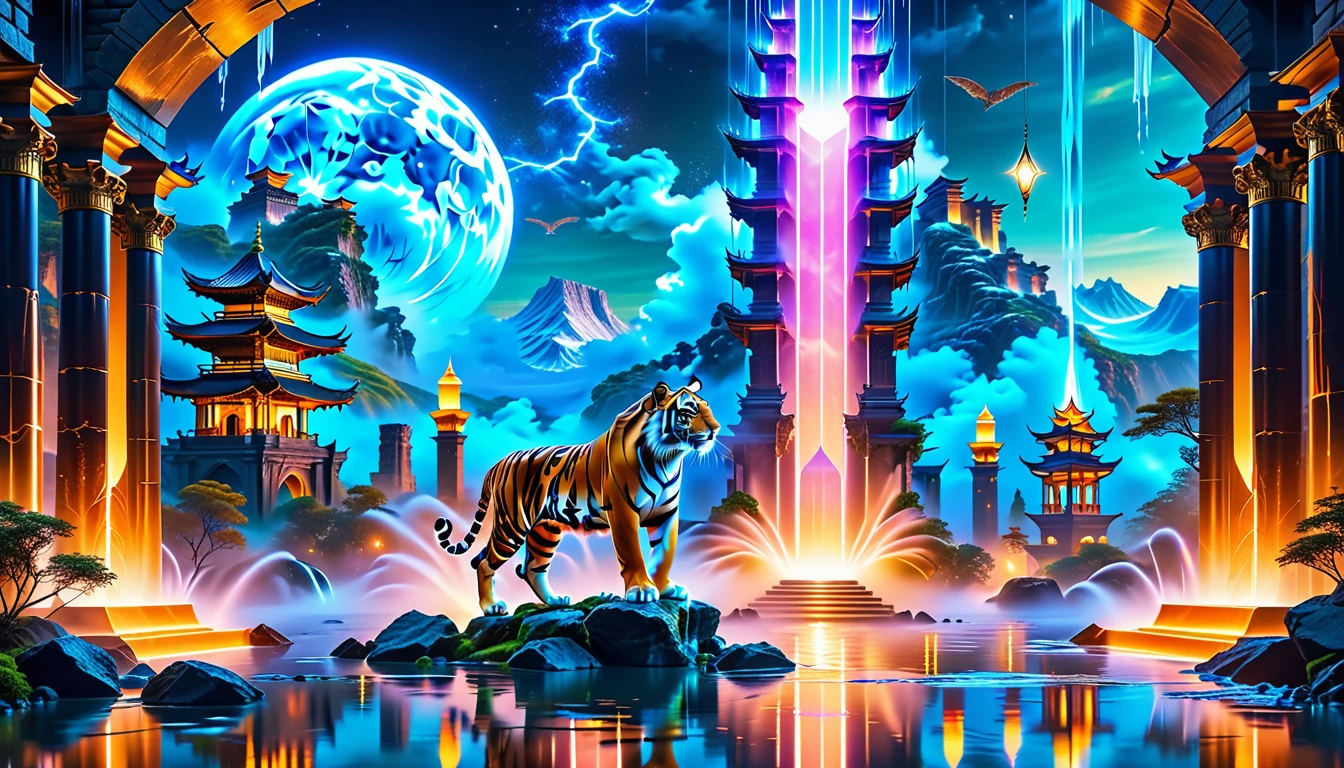 A Masterpiece In 32K Resolution, Supreme Quality, Super Detail, Official Art, Very High-Resolution 32K Wallpaper. A Majestic Tiger With Ultra-Detailed Features Prowls Gracefully In The Foreground. Magical And Arcane, Ultra-Detailed Features. Grand Floating Towers Of Arcane Architecture Hover Above An Ancient City. Magic Symbols And Runes Glow Softly In The Air As Wizards And Scholars Walk Through Floating Bridges. Mystic Waterfalls Of Liquid Mana Flow Through The Streets, And At The Highest Tower, An Ancient Arcane Portal Glows With Otherworldly Light.