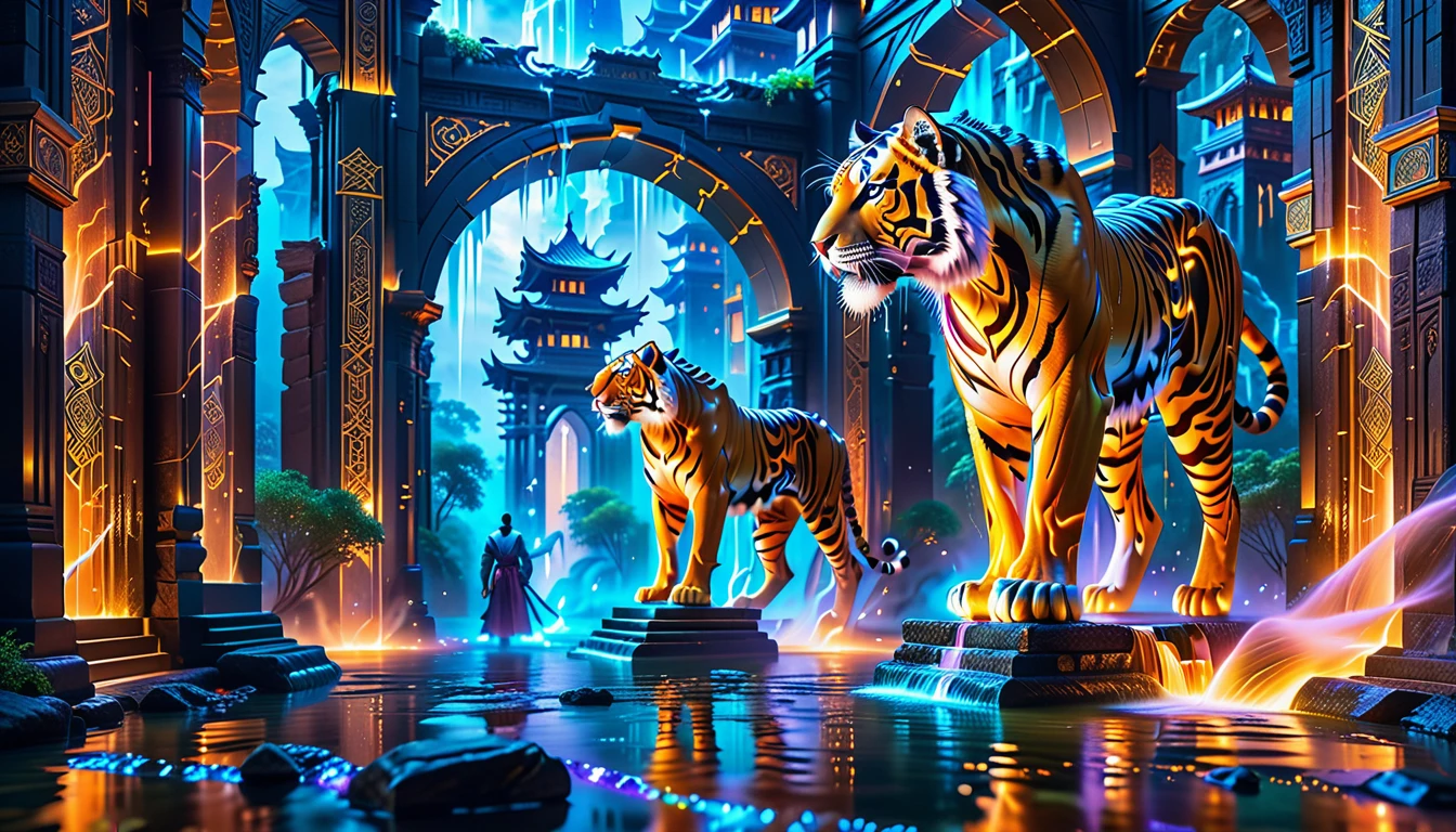 A Masterpiece In 32K Resolution, Supreme Quality, Super Detail, Official Art, Very High-Resolution 32K Wallpaper. A Majestic Tiger With Ultra-Detailed Features Prowls Gracefully In The Foreground. Magical And Arcane, Ultra-Detailed Features. Grand Floating Towers Of Arcane Architecture Hover Above An Ancient City. Magic Symbols And Runes Glow Softly In The Air As Wizards And Scholars Walk Through Floating Bridges. Mystic Waterfalls Of Liquid Mana Flow Through The Streets, And At The Highest Tower, An Ancient Arcane Portal Glows With Otherworldly Light.