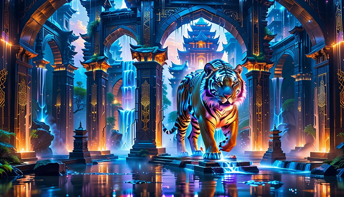 A Masterpiece In 32K Resolution, Supreme Quality, Super Detail, Official Art, Very High-Resolution 32K Wallpaper. A Majestic Tiger With Ultra-Detailed Features Prowls Gracefully In The Foreground. Magical And Arcane, Ultra-Detailed Features. Grand Floating Towers Of Arcane Architecture Hover Above An Ancient City. Magic Symbols And Runes Glow Softly In The Air As Wizards And Scholars Walk Through Floating Bridges. Mystic Waterfalls Of Liquid Mana Flow Through The Streets, And At The Highest Tower, An Ancient Arcane Portal Glows With Otherworldly Light.